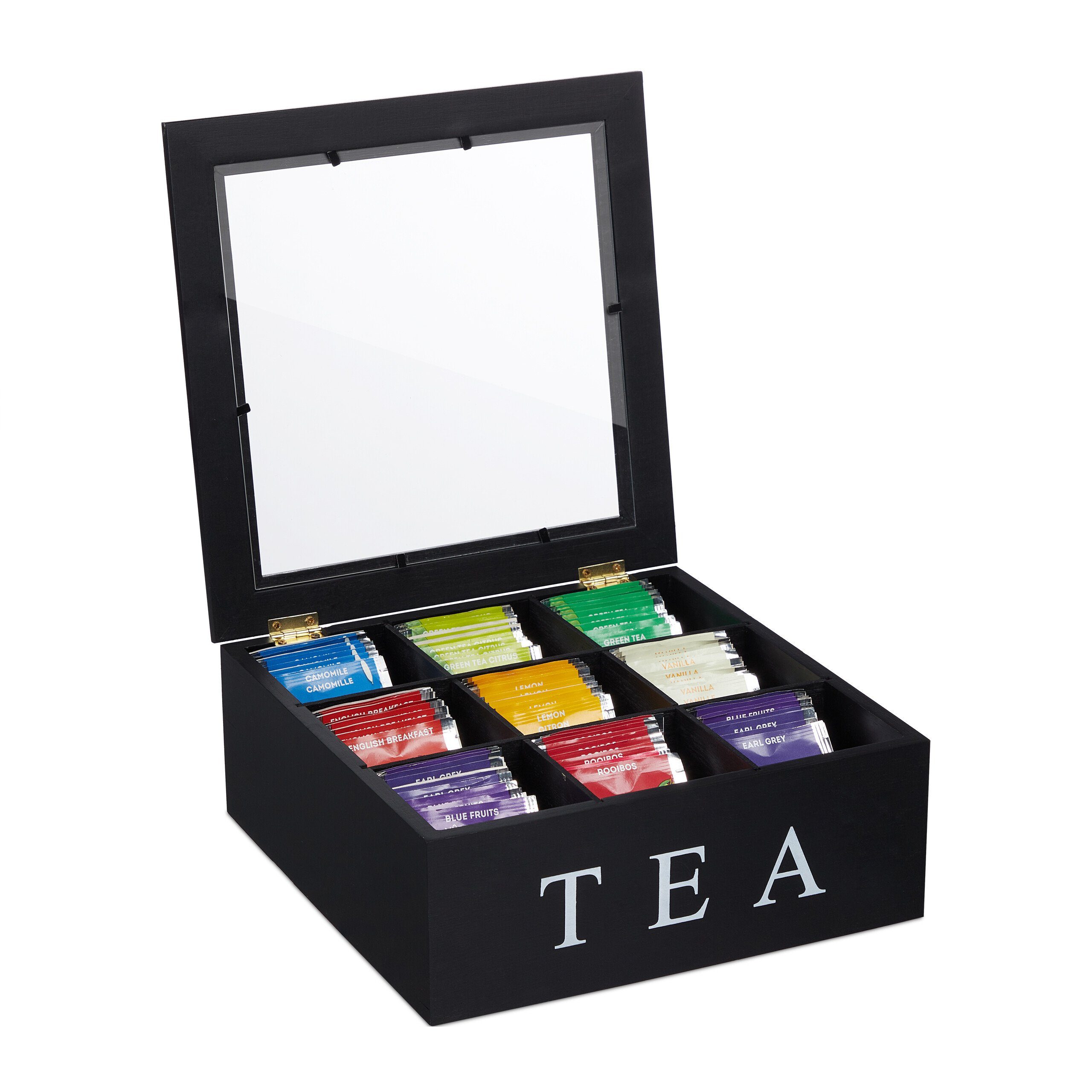 relaxdays Teebox Schwarze Teebox mit 9 Fächern, Bambus
