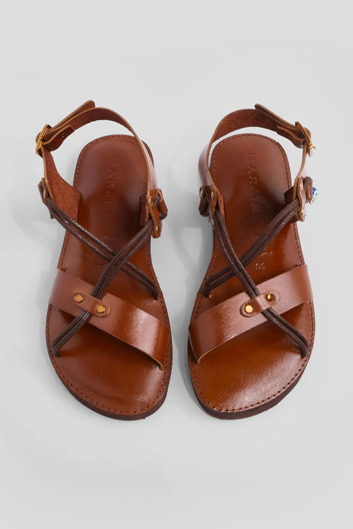 Marjin  Damen-Sandalen aus echtem Leder mit Eva-Sohle und gekreuzten Seilen, für den Alltag, Katre Tan