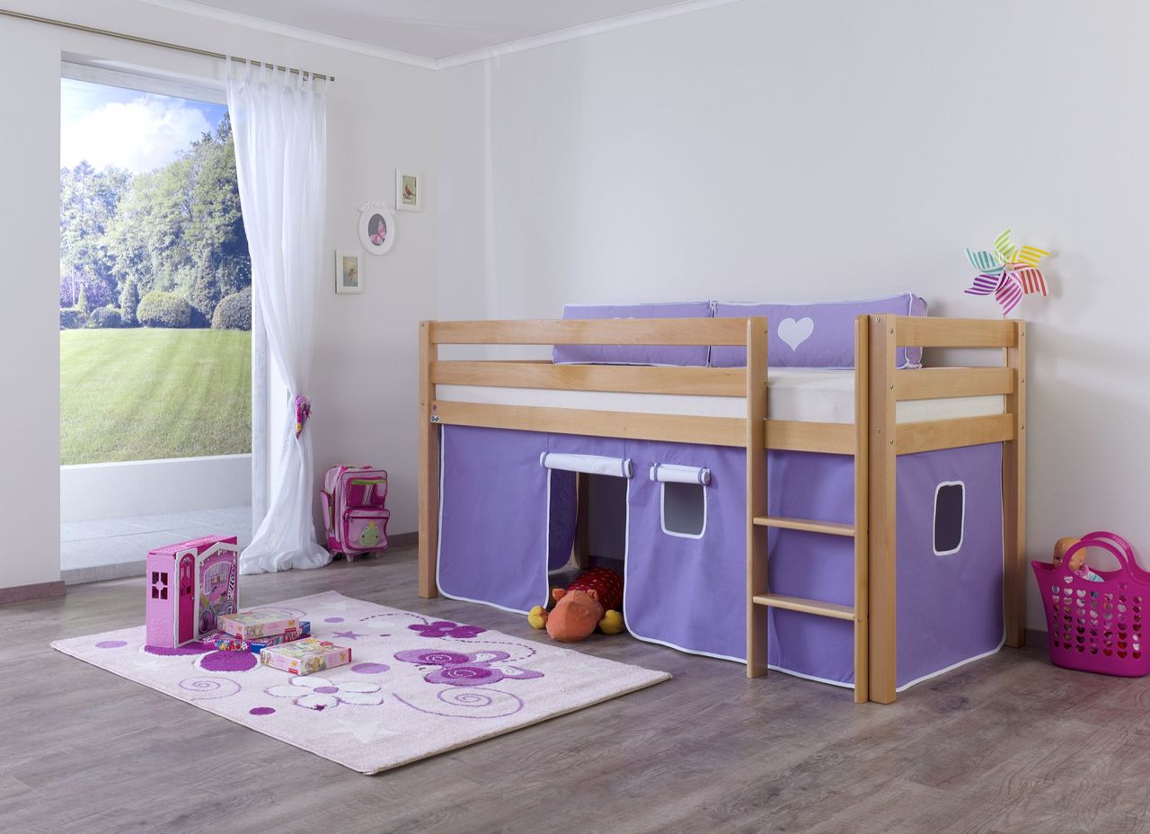 Relita Halbhohes Spielbett ALEX Buche massiv natur lackiert mit Stoffset Vorhang purple/weiß