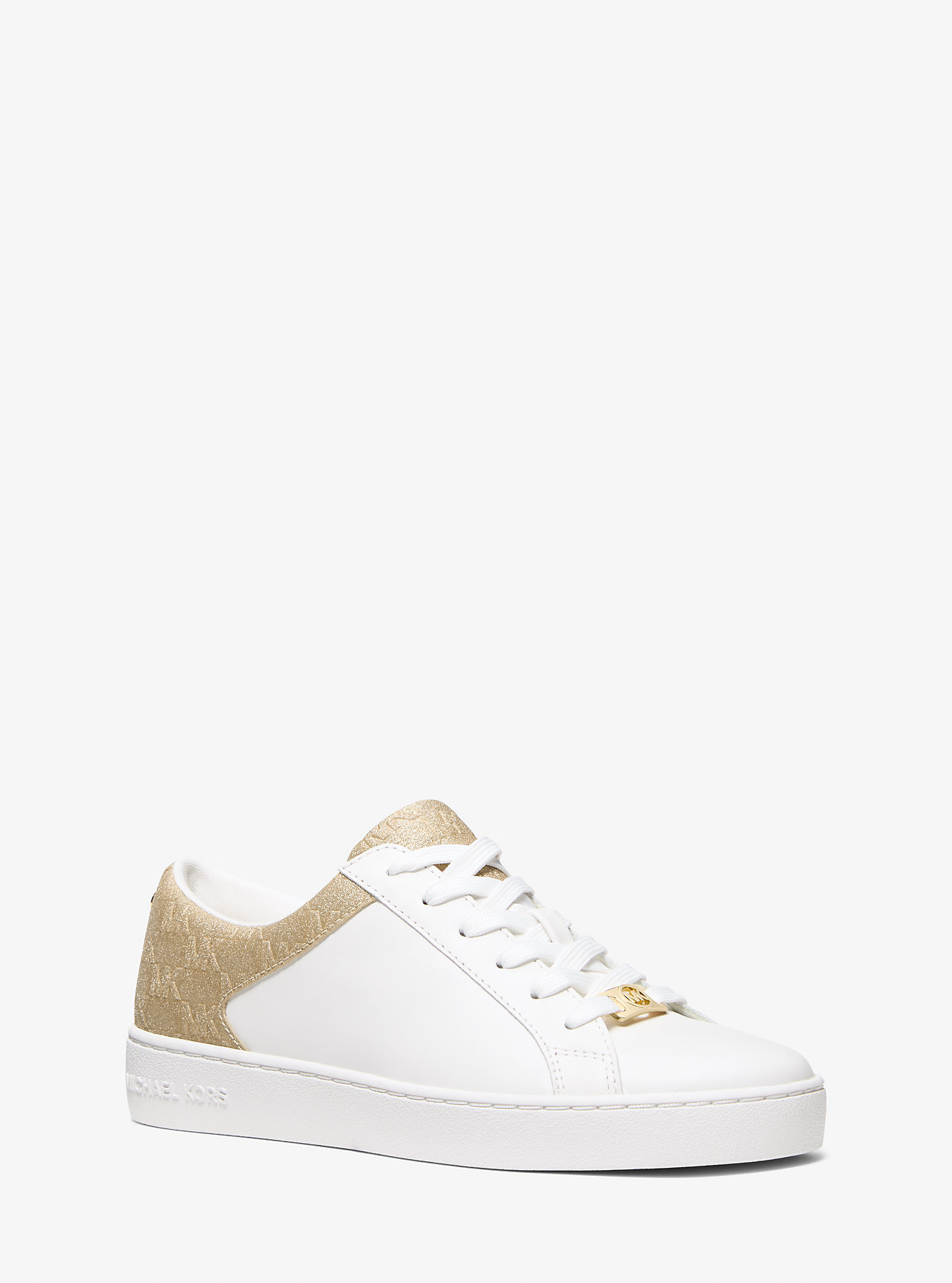 Keaton Leather and Glitter Logo Embossed Sneaker - PALE GOLD