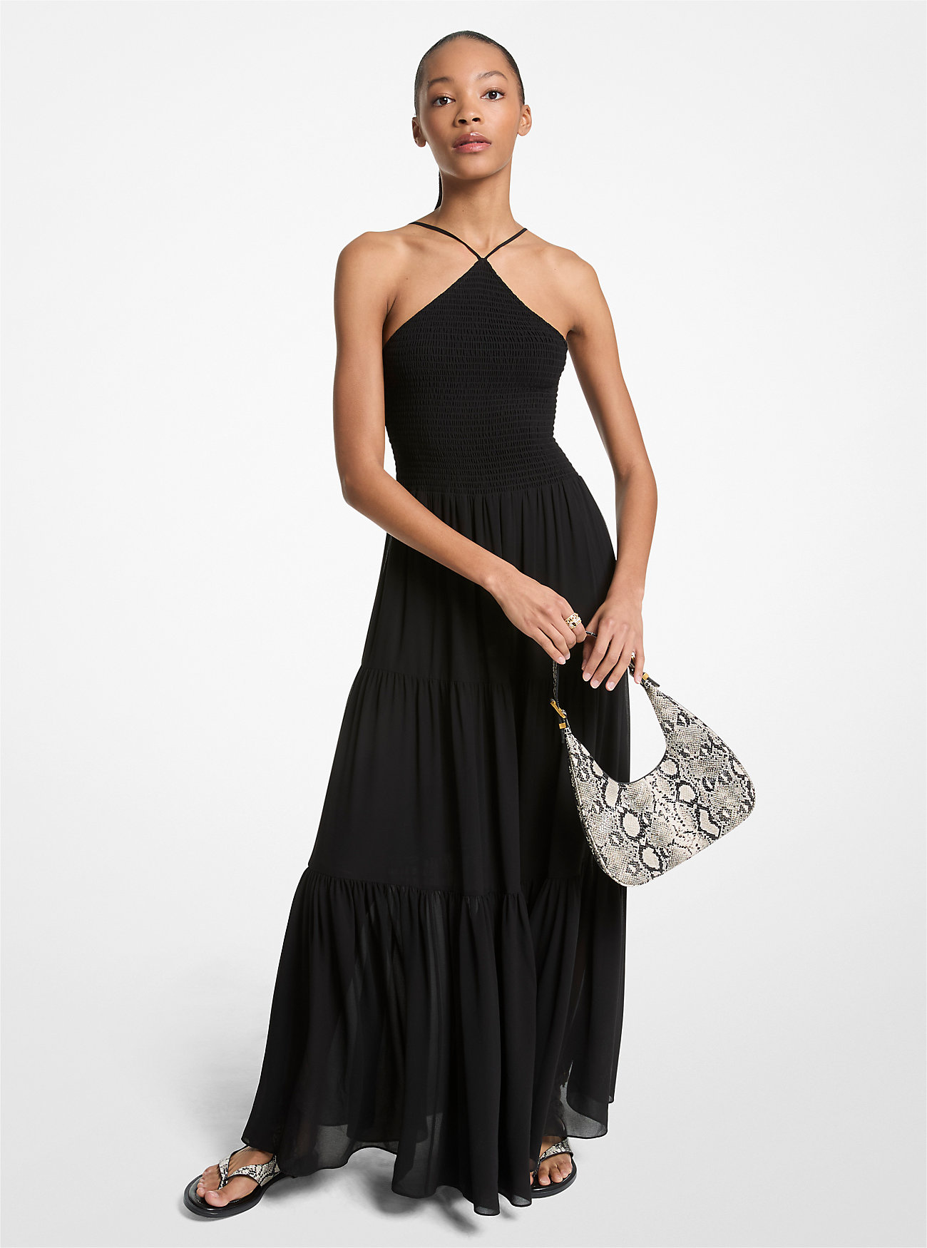Smocked Georgette Halter Maxikjole - SVART