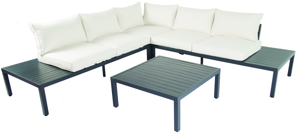 Never Indoor Aluminium Eckloungeset 14 tlg. mit Tischablage & Polsterkissen schwarz / creme