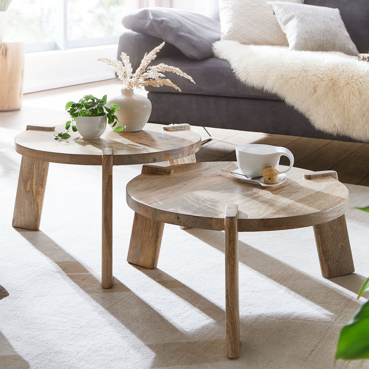 Wohnling Couchtisch 2er Set Mango Massivholz Hell