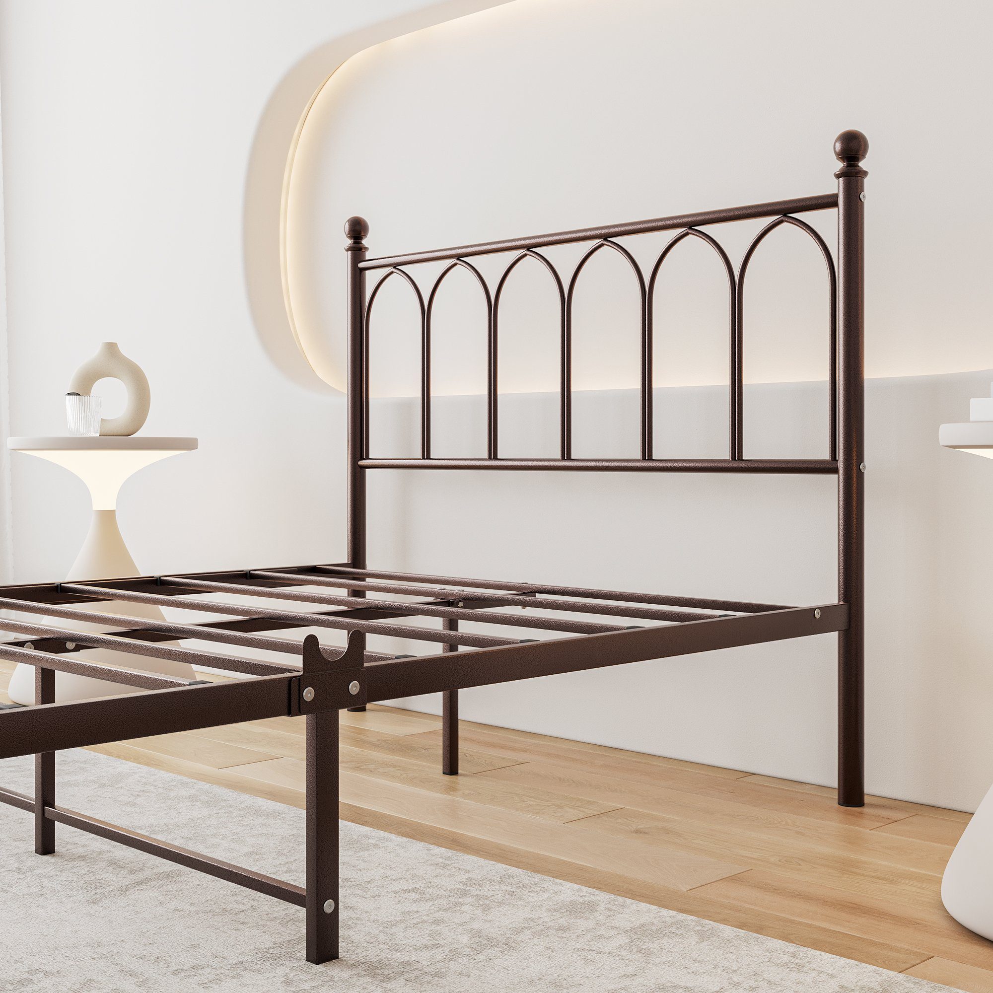WISHDOR Metallbett Einzelbett mit Lattenrost (120 x 200 cm Braun ohne Martratze), Bettgestell aus Metall, passend für 120 x 200 cm Matratze