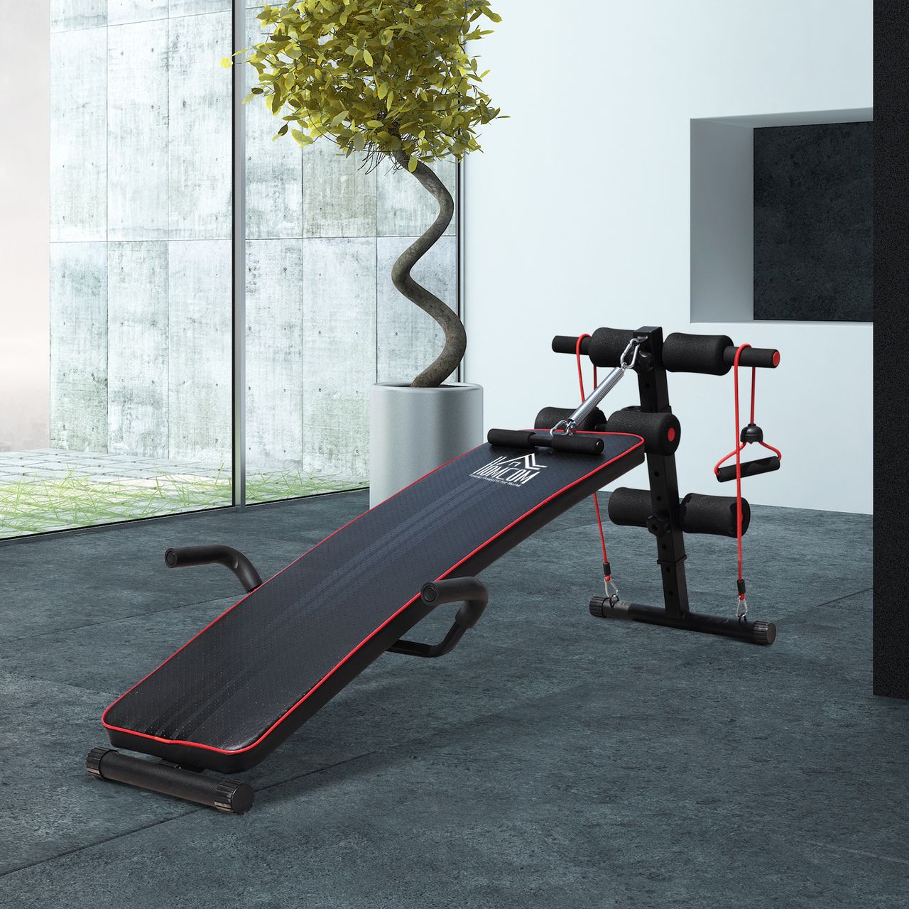 HOMCOM Sit Up Bank Bauchtrainer Trainingsbank Fitnessbank inkl. Widerstandsbände Schwarz   Rot 55,5 x 137,5 x (50–68) cm 120 kg Belastbarkeit