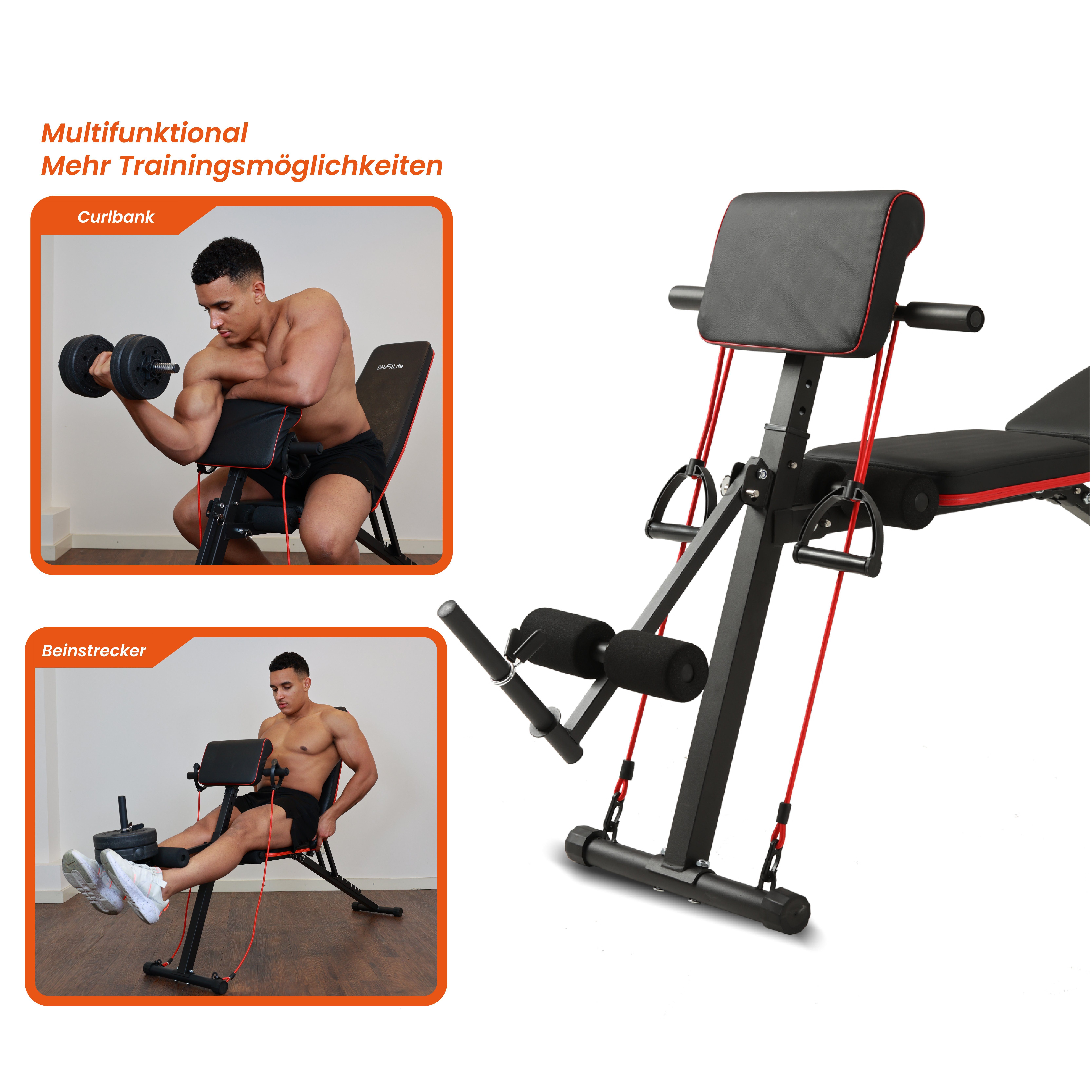 DH FitLife Hantelbank klappbar verstellbar, (Schrägbank & Flachbank für Bankdrücken, Rückentrainer u. Bauchtrainer), Trainingsbank Fitnessbank multifunktional für Fitness u. Krafttraining
