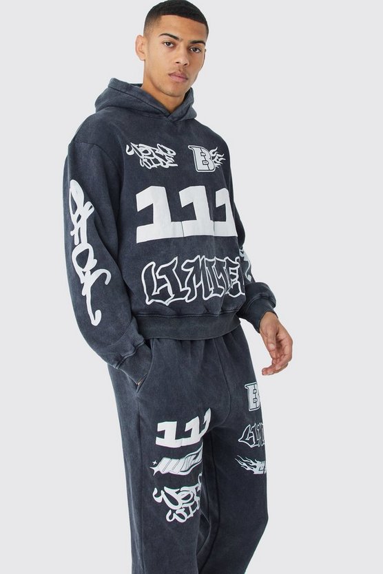 Kastiger Oversize Trainingsanzug mit Print und Kapuze