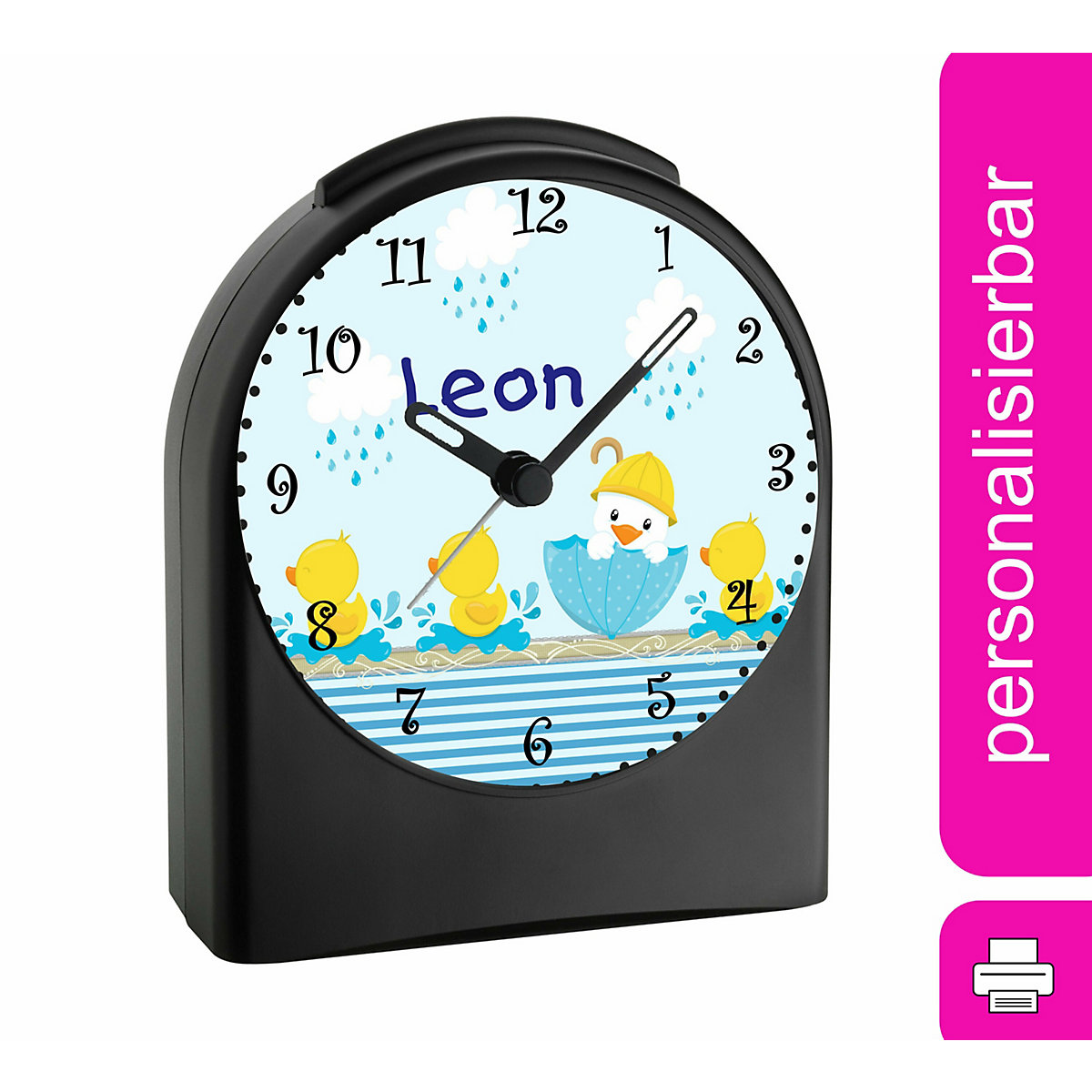 Kinder Funkwecker personalisiert mit Namen Ente Atom-/Funkuhr, 12-Stunden-Anzeigeformat, Schlummerfunktion, Nachtlicht, Geräuschlos/Ohne Ticken