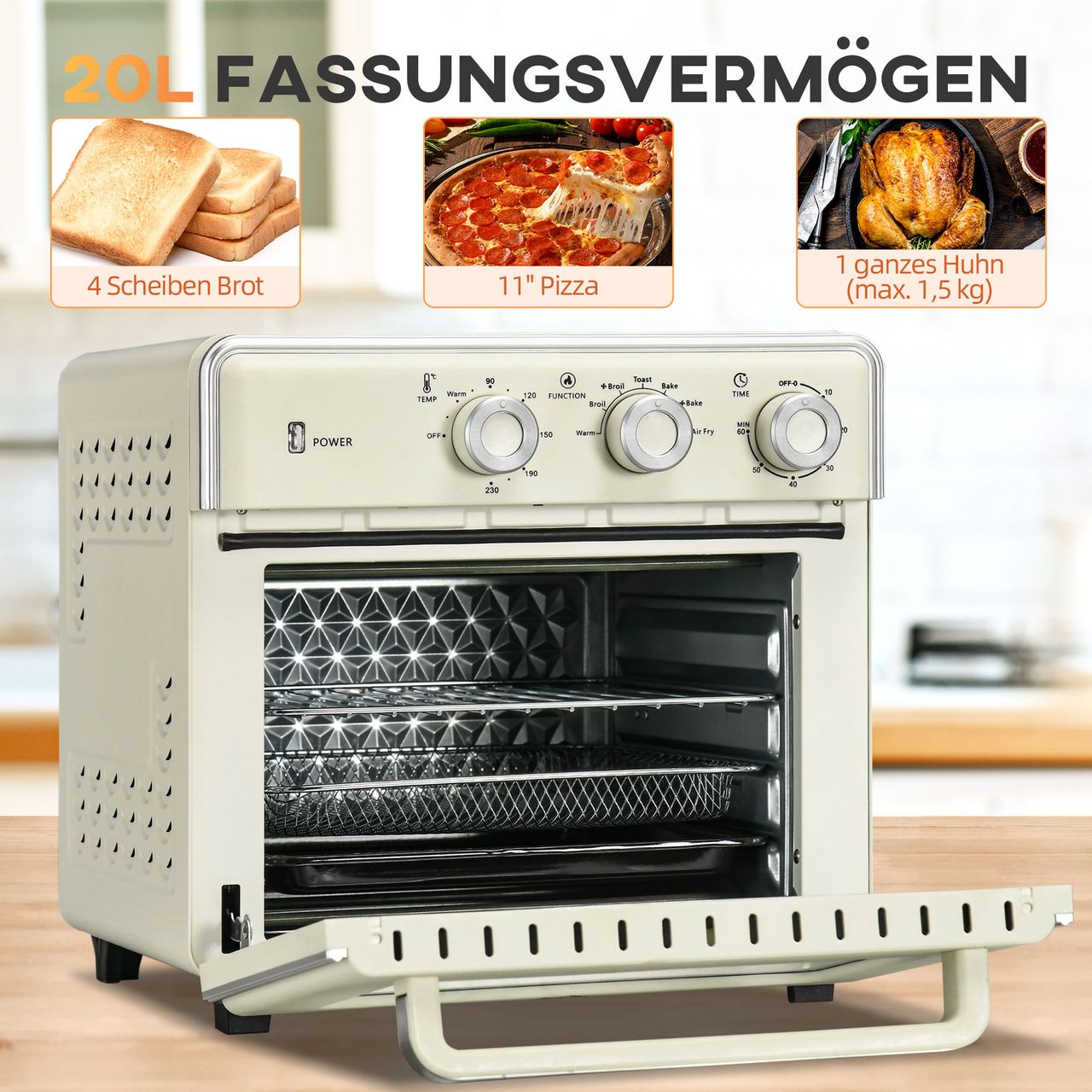 HOMCOM 5-in-1 Mini Ofen 20L Minibackofen mit Backblech Set, Timer, 90-230