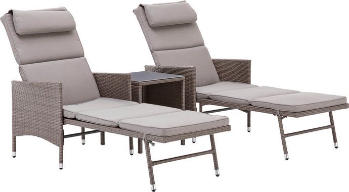 KONIFERA Gartenliege Mailand, Set, 5 St., 2x Liege, 1x Tisch 42x42x48, Stahl /Polyrattan, inkl. Auflagen