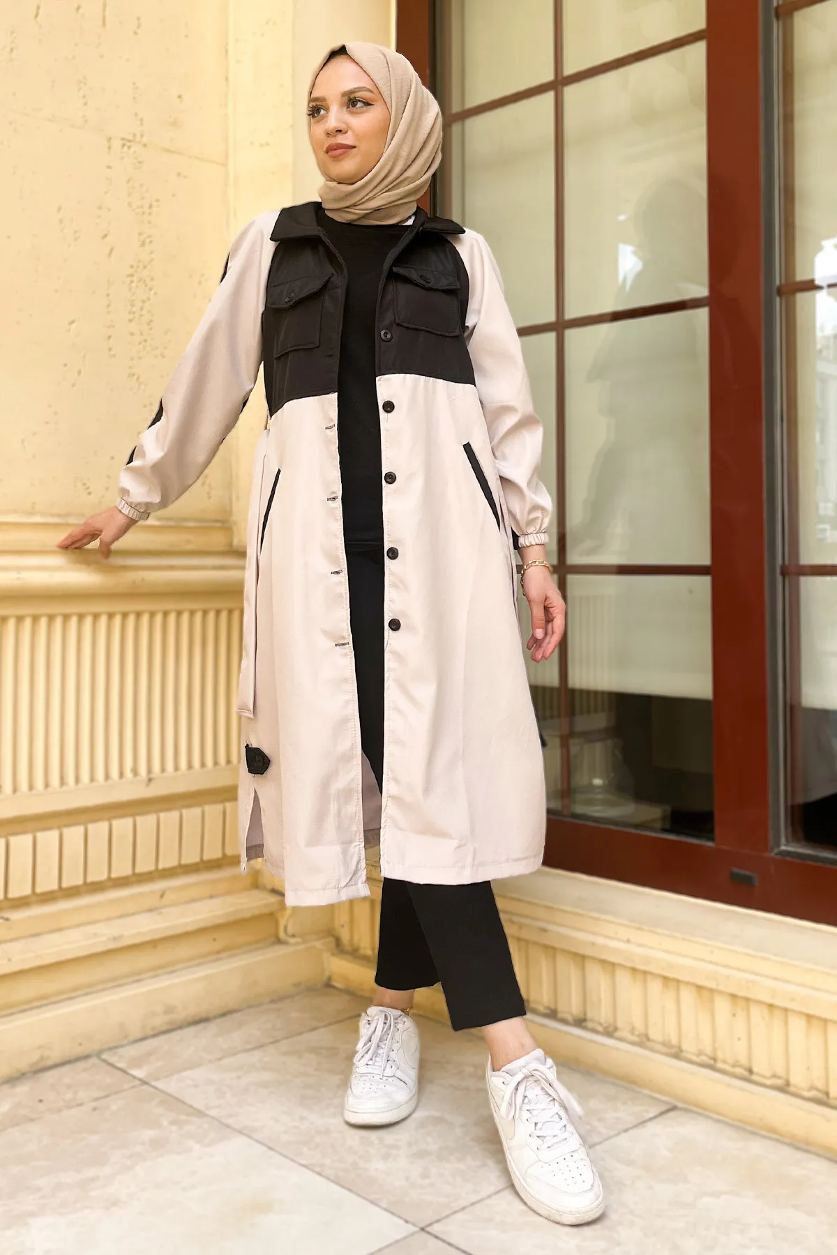 Tesettür Dünyası  Zweifarbiger Trenchcoat Tsd0919 Ecru