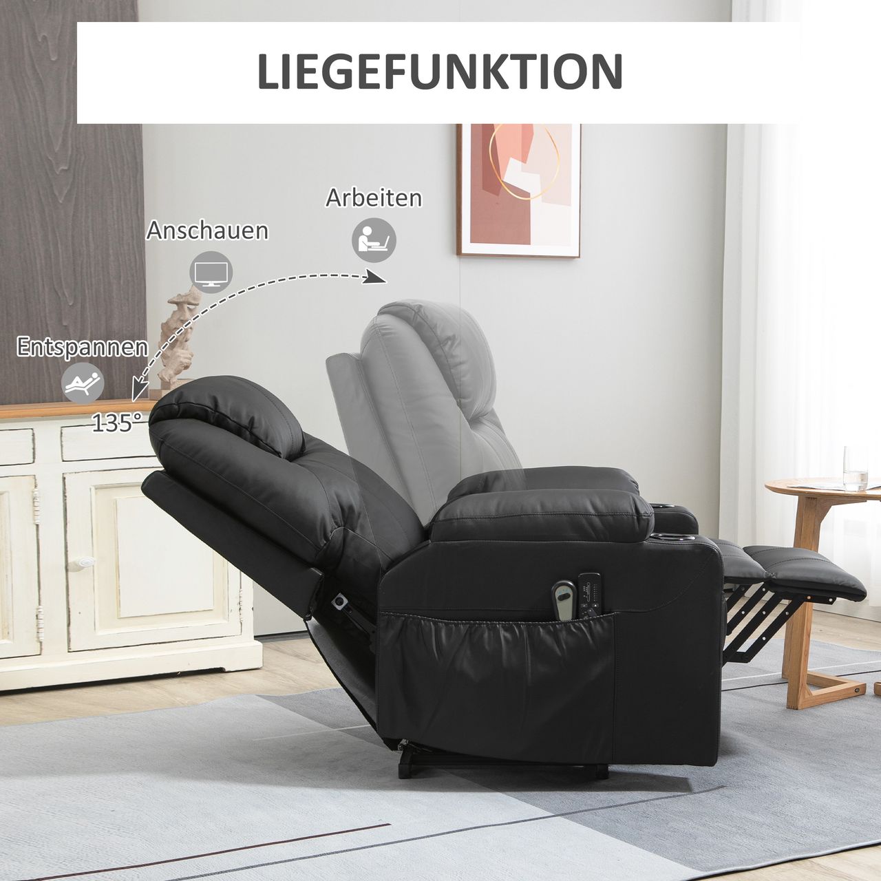 HOMCOM Elektrischer Aufstehsessel, Massagesessel mit Liegefunktion, Schwarz