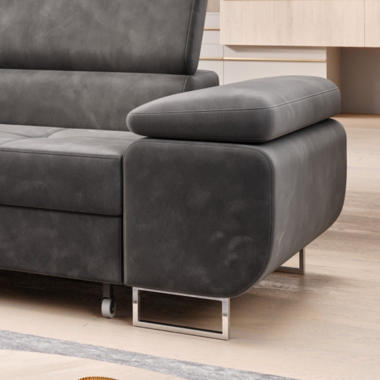 Möbel Punkt Ecksofa Monaco Samt Grau mit Bett Bettkasten Kopfteilverstellung Bett Sofa Schlafsofa Ottomane links