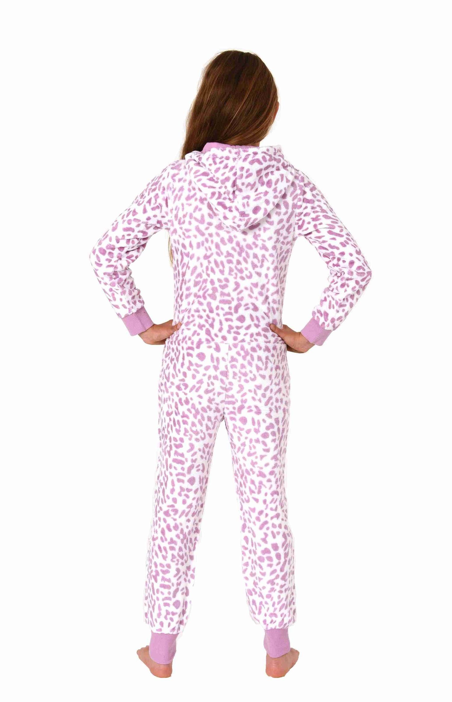 Normann Pyjama Mädchen Schlafanzug Einteiler Jumpsuit aus Coralfleece im Animal Look