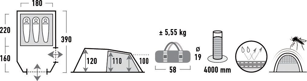 High Peak Tunnelzelt Atmos 3, Personen: 3 (Set, mit Transporttasche)
