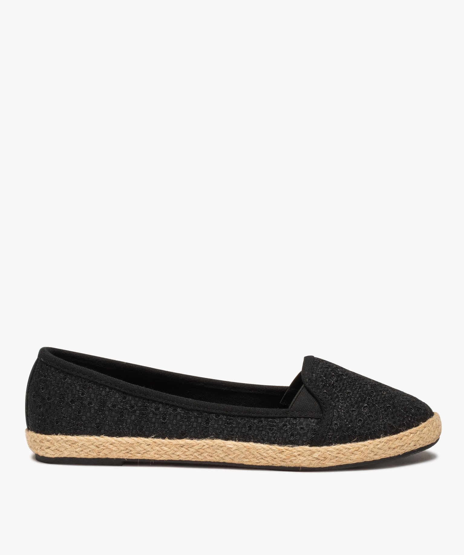 Ballerines femme en toile brodée avec semelle en corde noir | GEMO