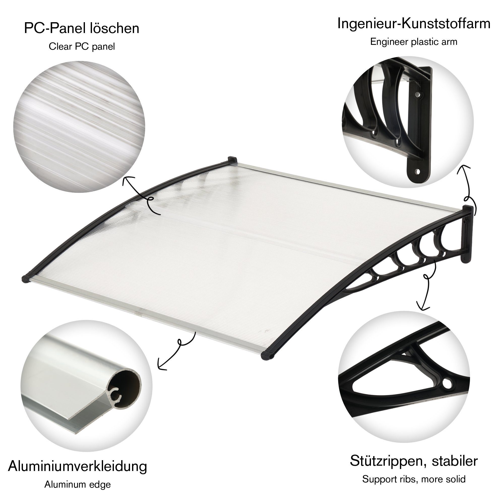 Mucola Pultvordach Haustürvordach Pultvordach Kunststoff Überdachung Rundbogenvordach (Stück), UV-beständig