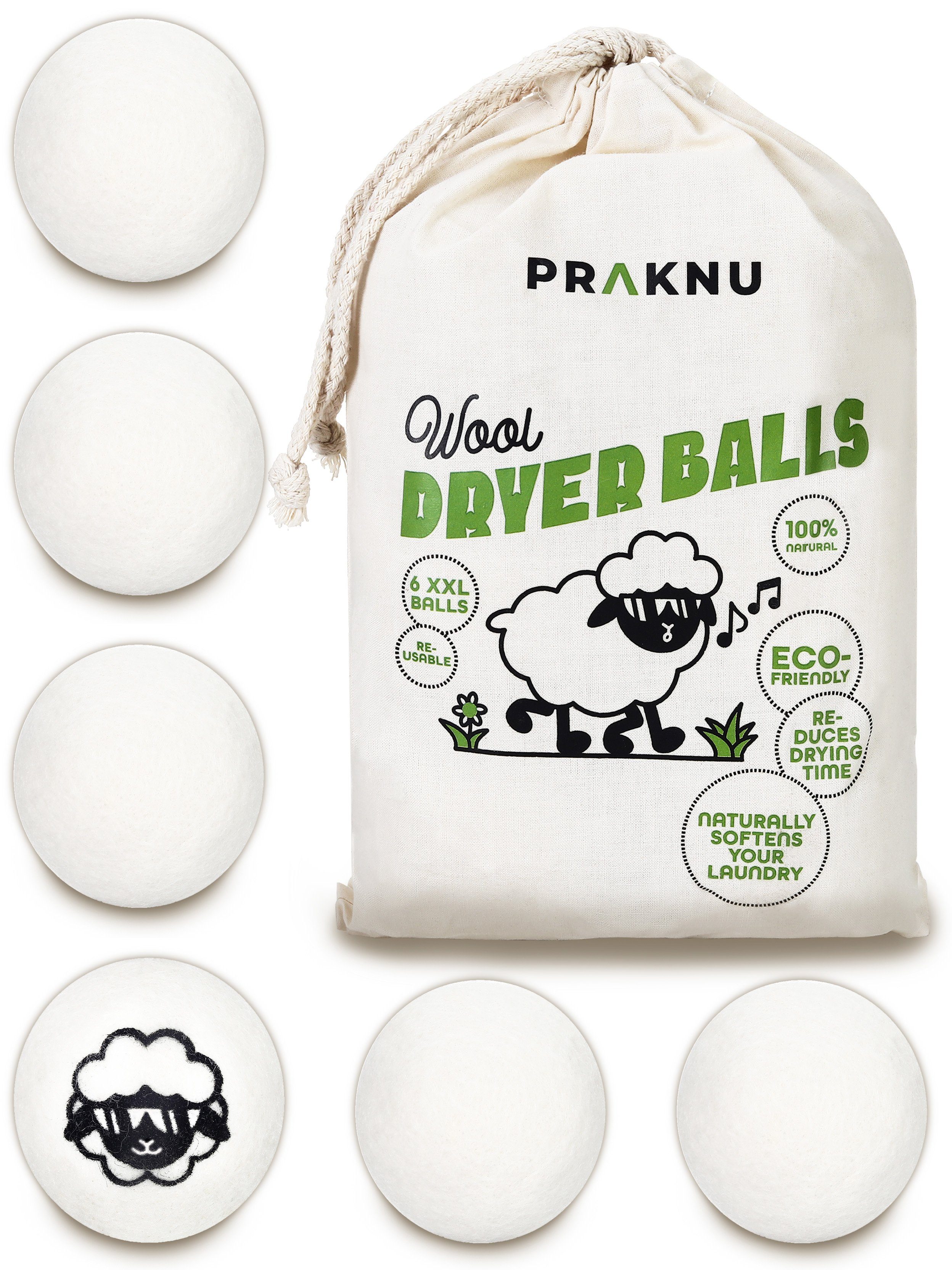 Praknu Trocknerball Trocknerbälle für Wäschetrockner 6er Set (Set, 6-St., 6 Bälle inkl. Jute Beutel für platzsparende Aufbewahrung), Öko Schafwolle aus Neuseeland - Verkürzt Trocknungszeit - Energiesparend