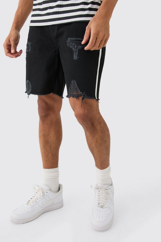 Lockere gerippte Jeansshorts mit Seitenstreifen