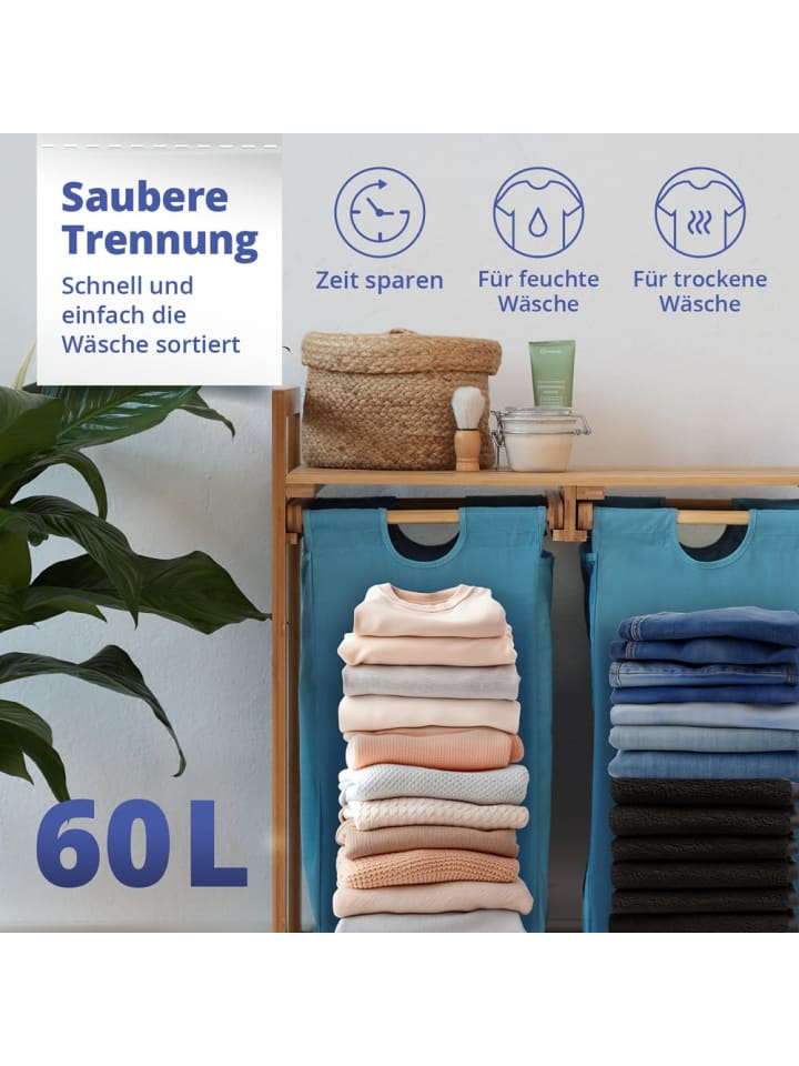 Lumaland Lumaland Wäschekorb aus Bambus mit 2 ausziehbaren Wäschesäcken - Farbe Blau günstig kaufen onesize