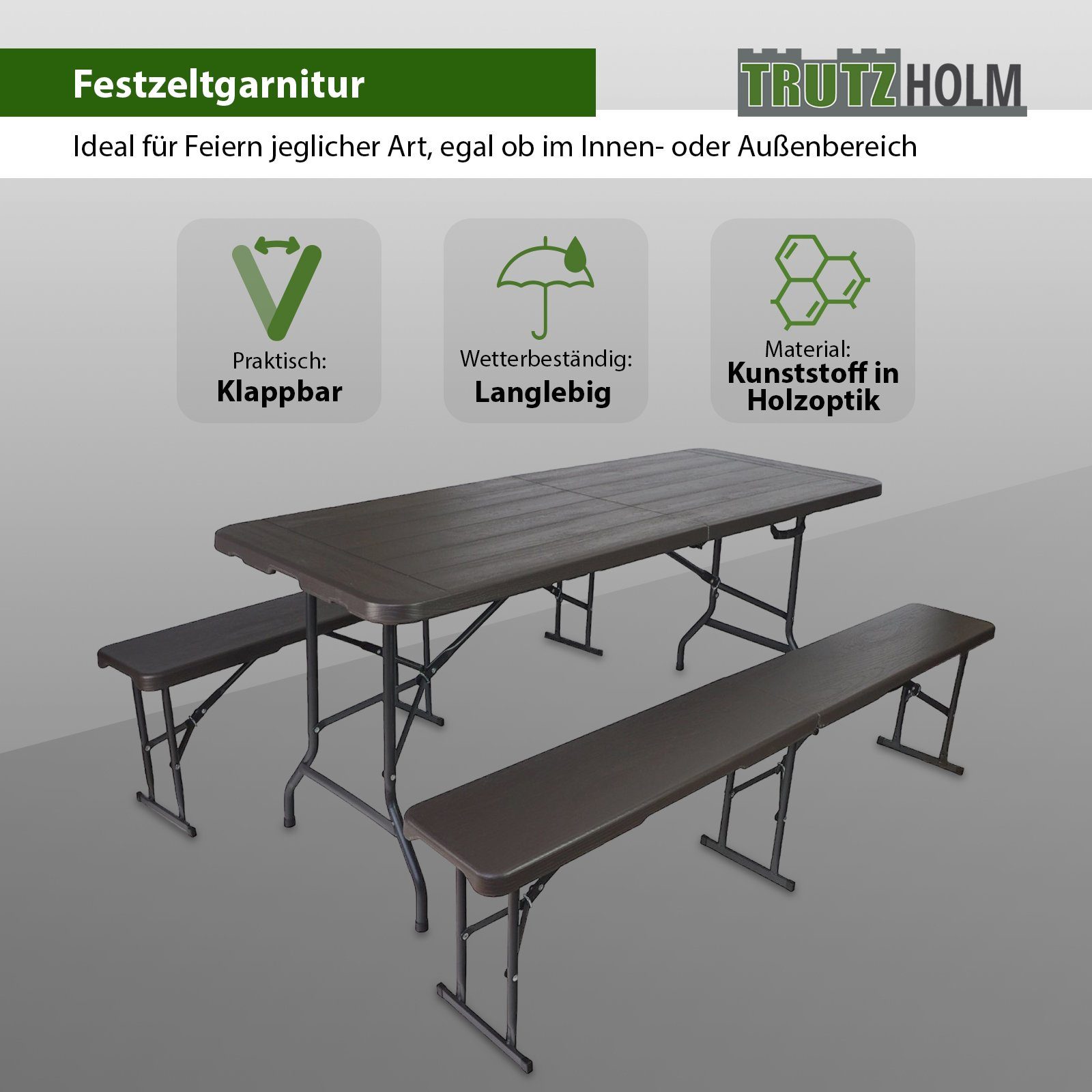TRUTZHOLM Bierzeltgarnitur Bierzeltgarnitur graue Holzoptik Festzeltgarnitur 180x75cm klappbar, (1x Produkt / 2x Produkt, 3-tlg)