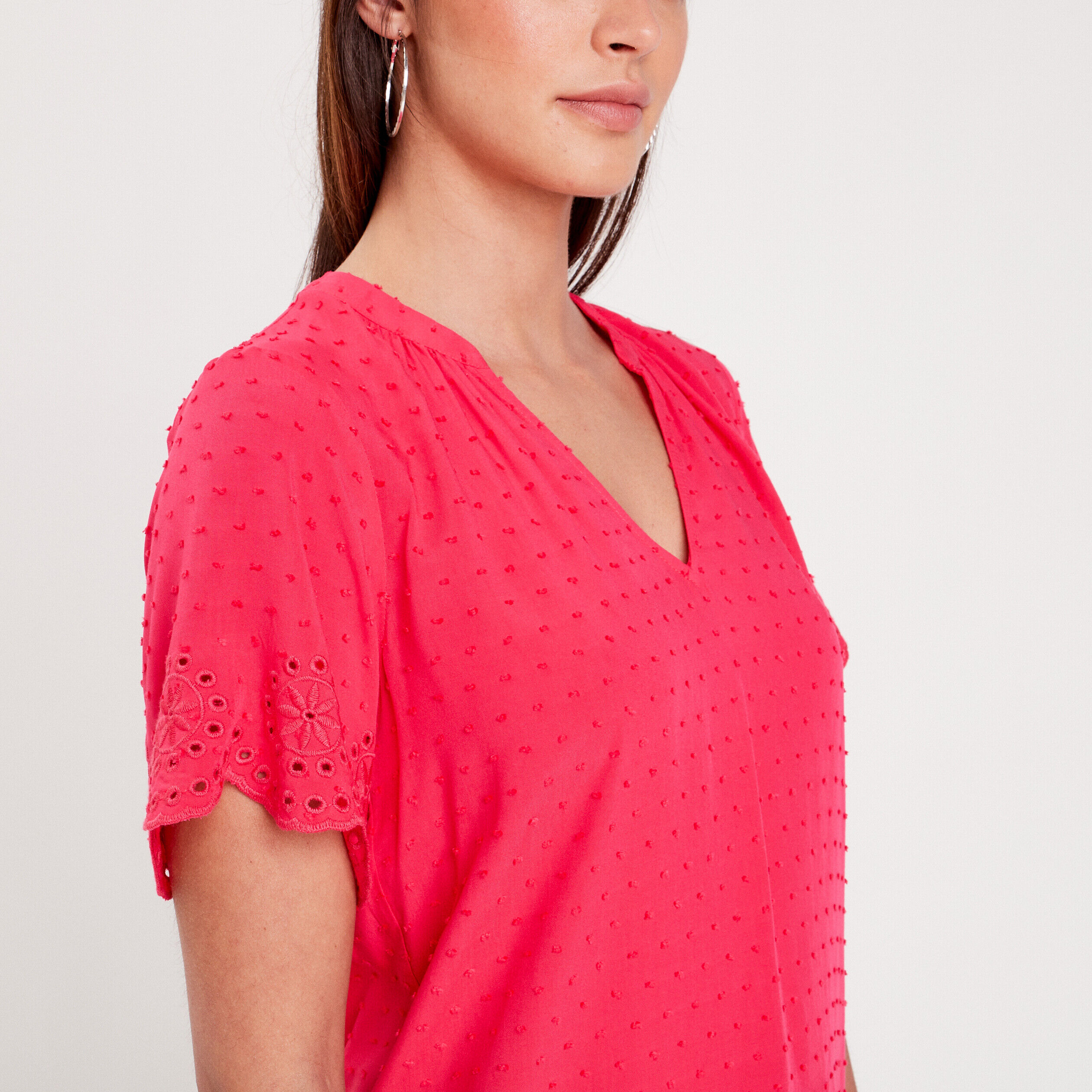 Blouse manches broderie rose vif femme | Cache Cache