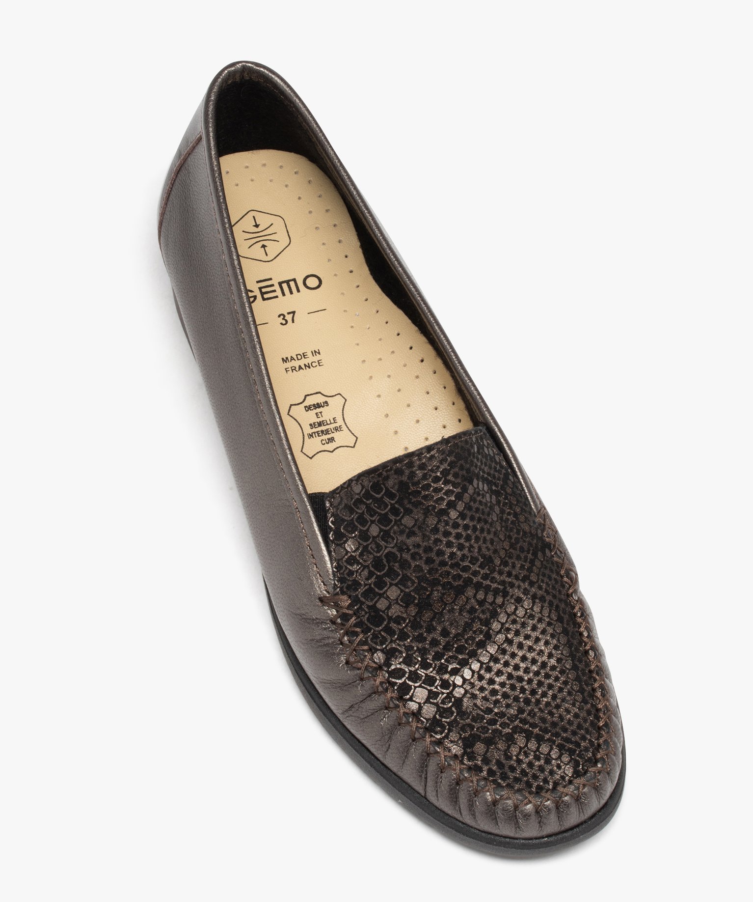 Mocassins femme confort dessus en cuir imprimé python bronze | GEMO