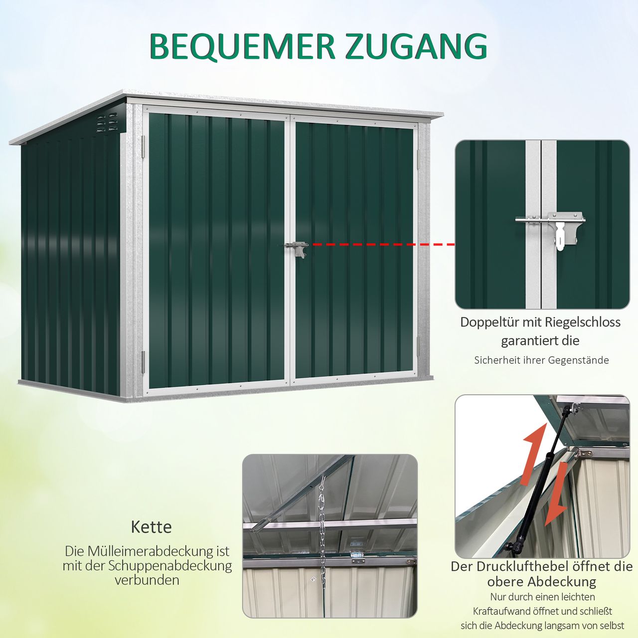 Outsunny Mülltonnenbox Gerätebox Müllbox Storer für 2 Mülltonnen abschließbar Stahl Grün 178,5 x 104,5 x 128,5/113 cm
