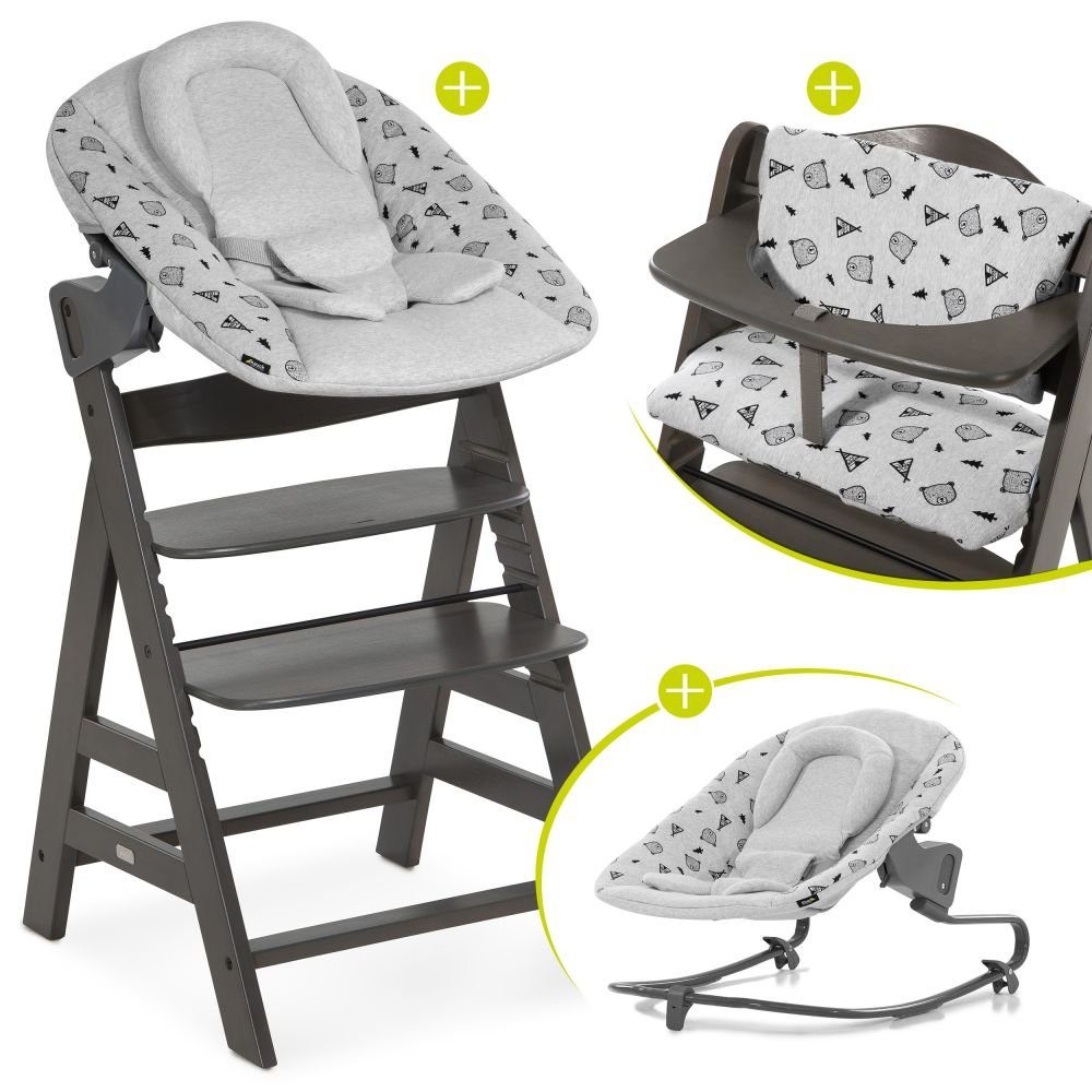 Hauck Hochstuhl Alpha Charcoal Select (Set, 4 St), Holz Babystuhl ab Geburt inkl. Aufsatz für Neugeborene & Sitzauflage