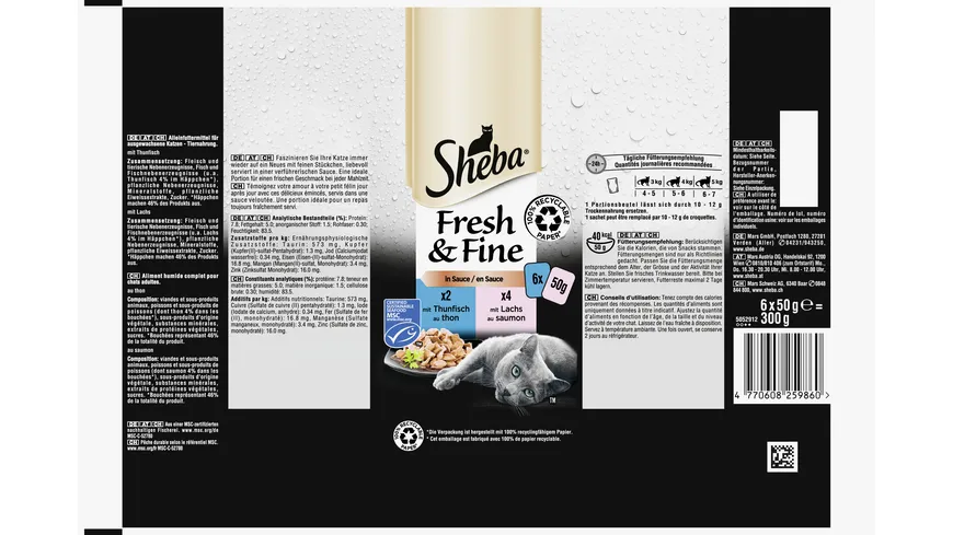 SHEBA® Fresh & Fine in Sauce mit Thunfisch und mit Lachs Portionsbeutel 300 g