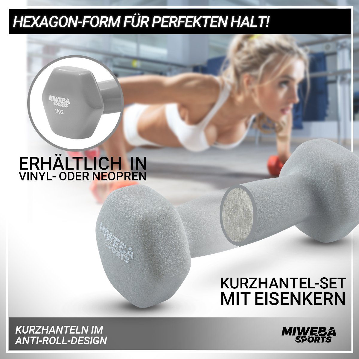 Miweba Sports Hantel-Set Premium Gymnastikhantel-Set NKH120 inkl. Hantelablage, (rutschfest - Fitness Sport Muskelaufbau Training Hantel Set Kurzhantelset Kettlebell Set, 1 kg - 2 kg - 3 kg, 3 Farben, Hexagon-Form, Neopren), Kurzhantel Aerobic Hantel