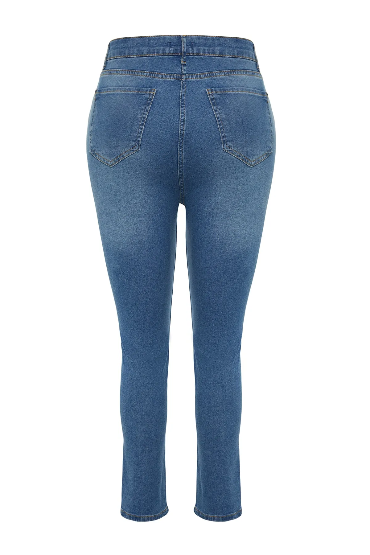 Trendyol Curve  Blaue, dehnbare Skinny-Jeans mit hoher Taille und detailliertem Beinausschnitt TBSSS22JE0186