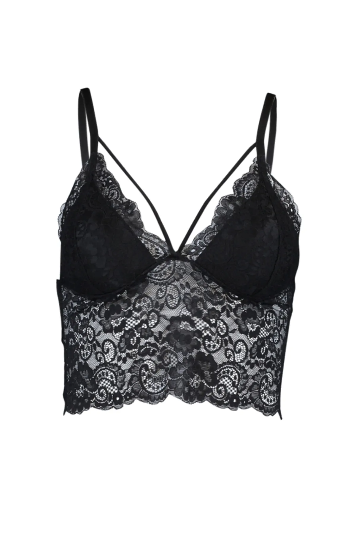 Trendyol Collection  Schwarzes gerüschtes dreieckiges Strick-Bustier mit Paspelierung und Seilriemen THMAW21SU0050