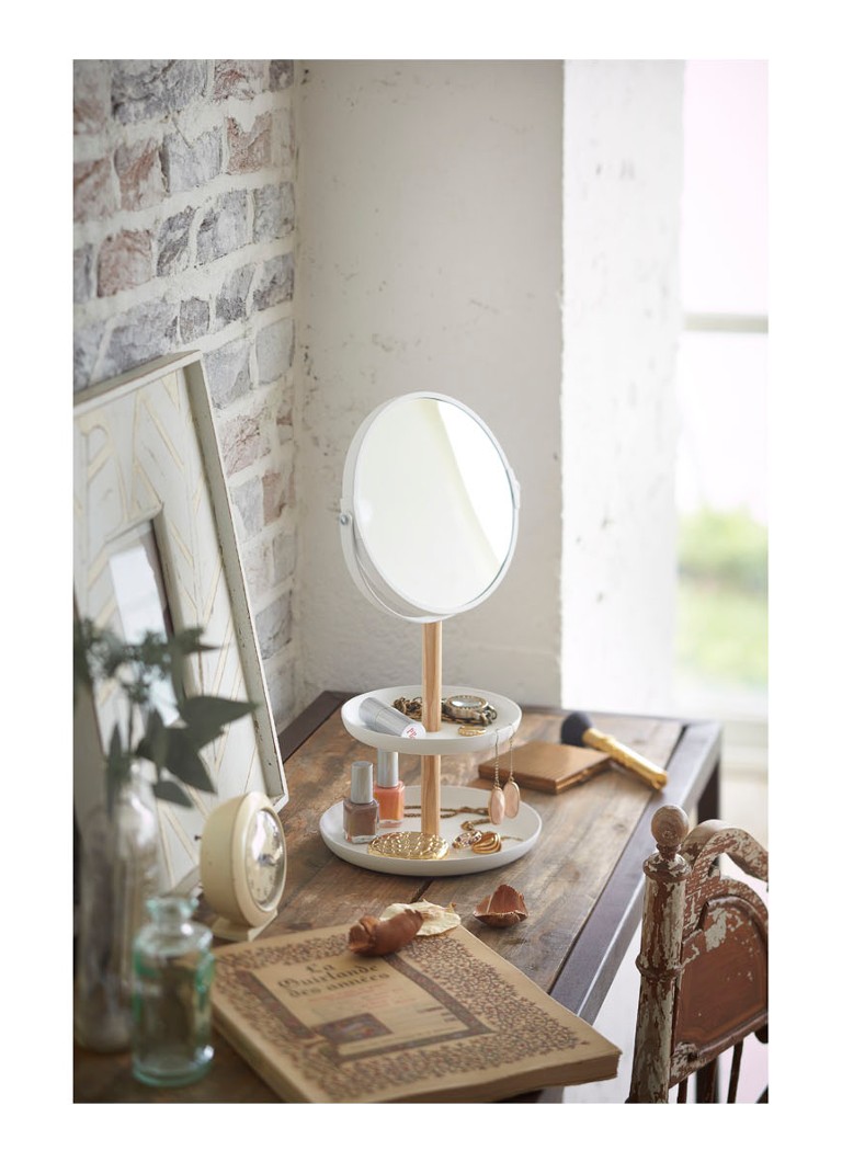 Miroir de maquillage Yamazaki Tosca avec étagères de rangement, grossissement x3, 33 x 16 cm