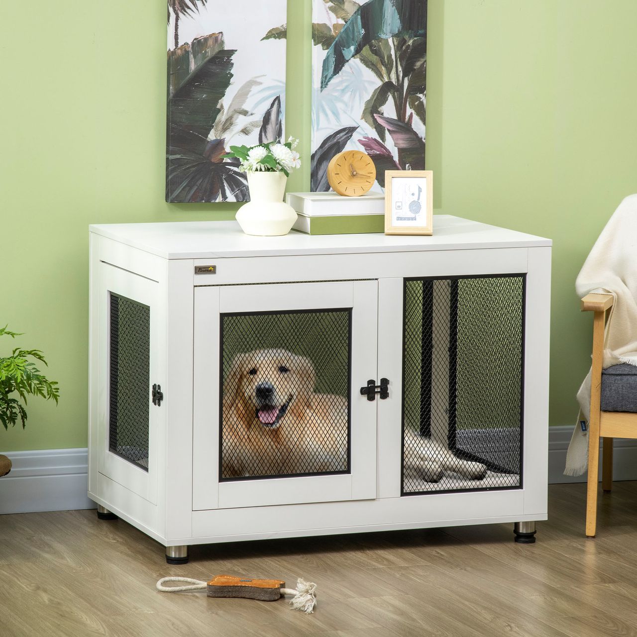 PawHut Hundekäfig, Haustierkäfig mit Kissen, Hundehaus, Hundehütte, Weiß