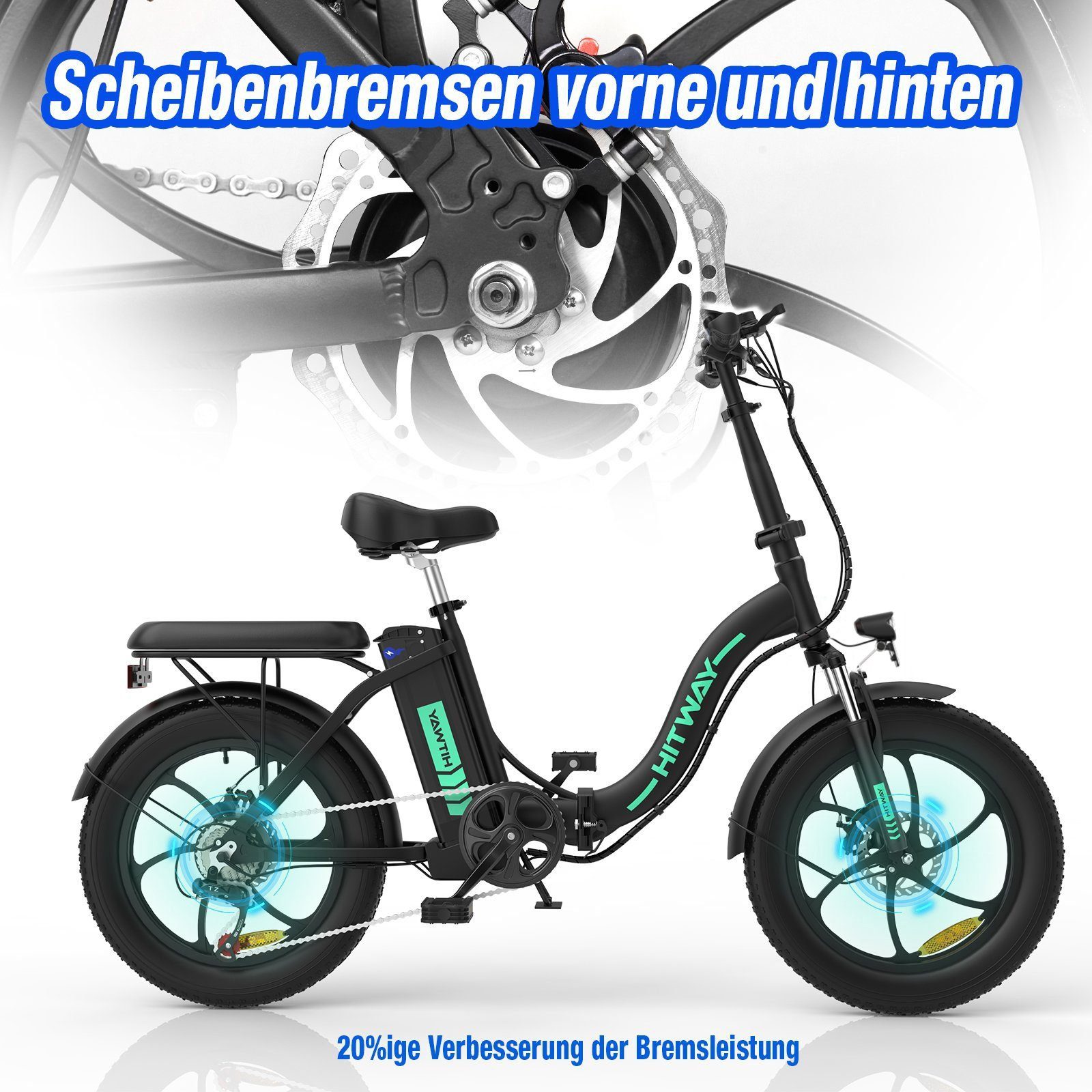 HITWAY E-Bike BK6S 20*3 Zoll Elektrofahrrad Fat Tire Damen Herren E-Cityrad, 7 Gang, Kettenschaltung, Heckmotor, Mit StVZO E-Mountainbike E-fahrrad klapprad Bis zu 90km