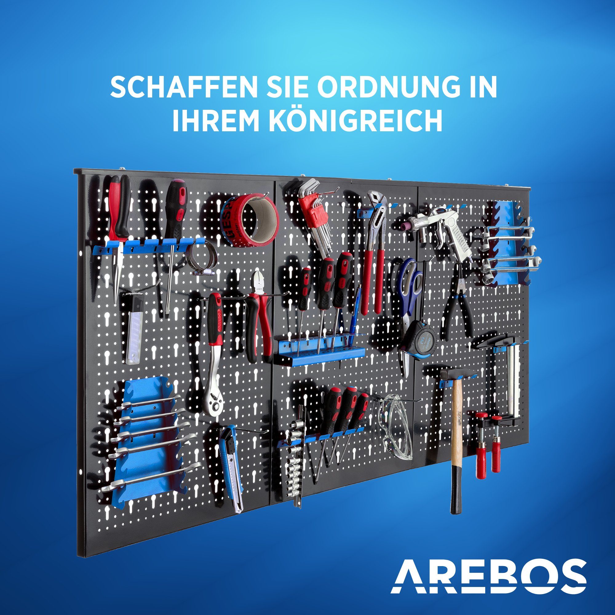 Arebos Lochwand Werkzeugwand dreiteilig, 17-teiliges Hakenset Rot/Blau, 3 Stk., mit 17 Haken, (Set)