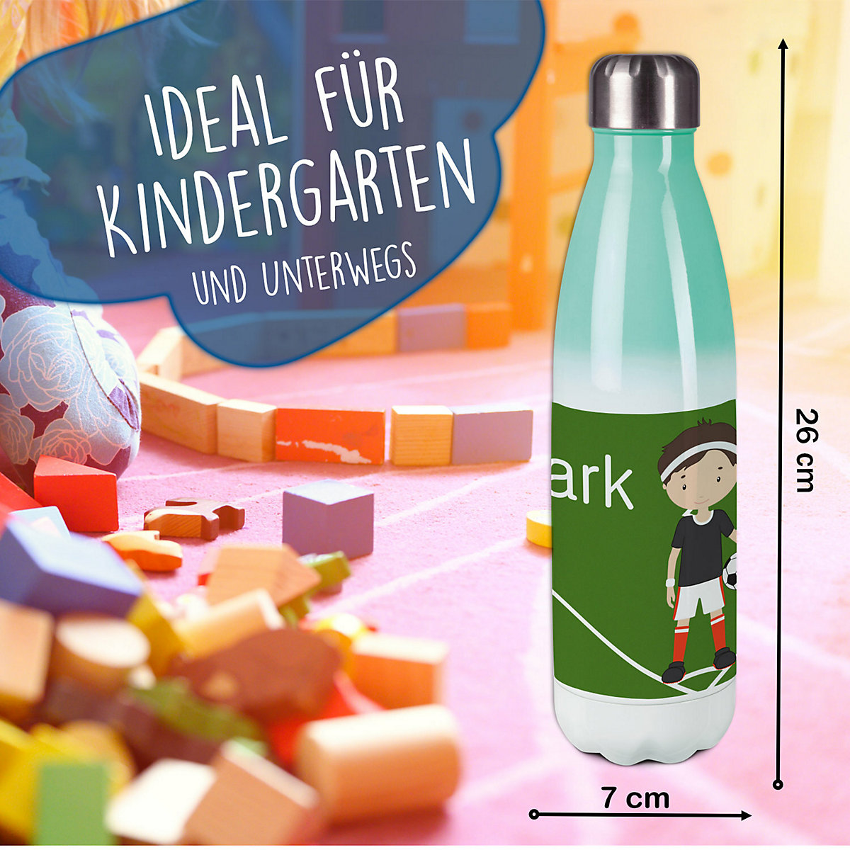 Edelstahl Kinder Thermoflasche / Trinkflasche bunt Fußballspieler Spülmaschinenfest, Auslaufsicher, Bruchfest, Doppelwandig, Für Heißgetränke geeignet, Mit Deckel, Isoliert