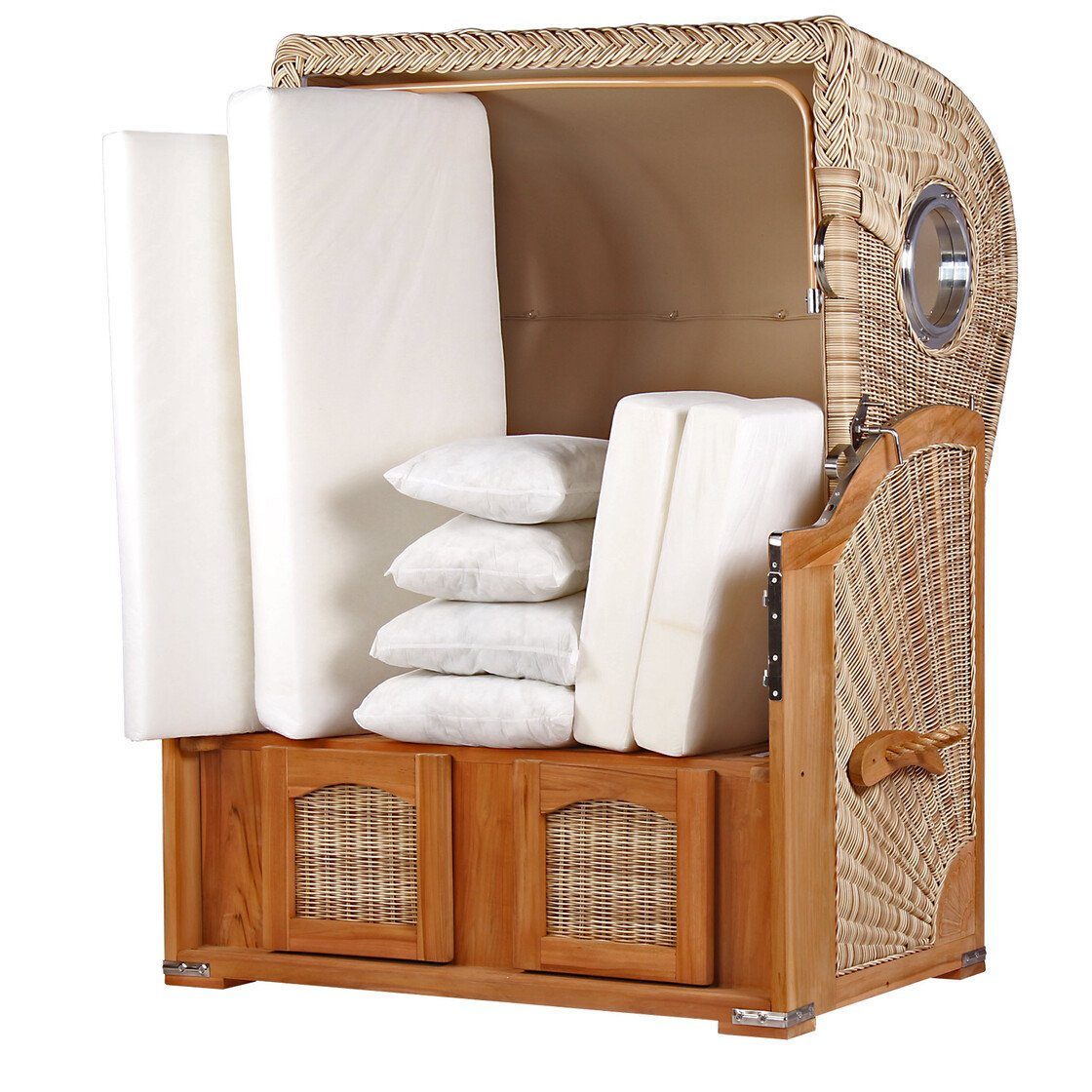 bene living Strandkorb Ammersee 2-Sitzer Teak - PE shell - Modell 548, BxTxH: 125x80x165 cm, Volllieger ca. 175 Grad, Ostsee-Strandkorb, inkl. Liftersystem und Bullaugen