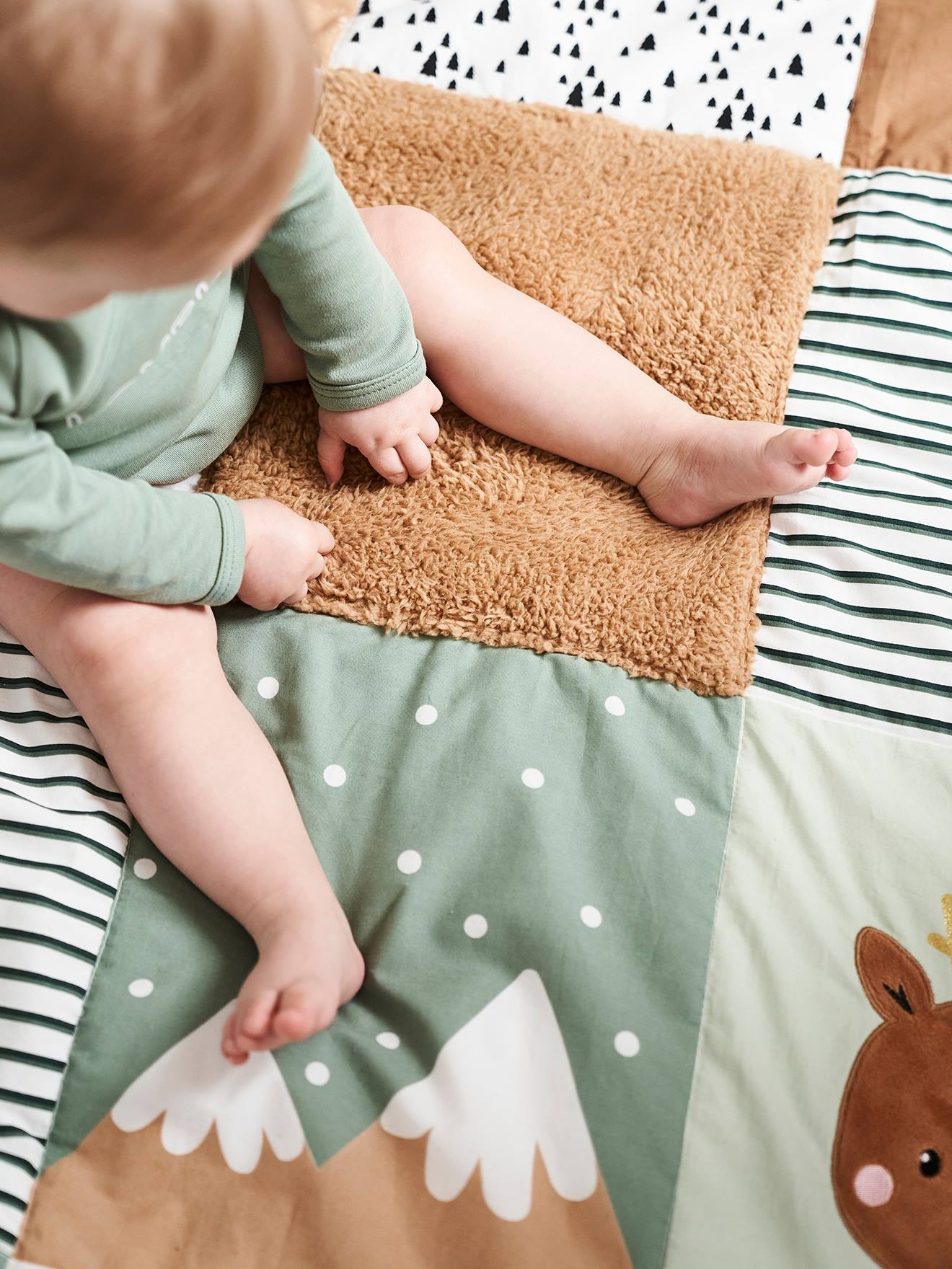 Vertbaudet Baby Spieldecke/ Laufstalleinlage GRÜNER WALD, Patchwork-Design Oeko-Tex - wollweiß/mehrfarbig