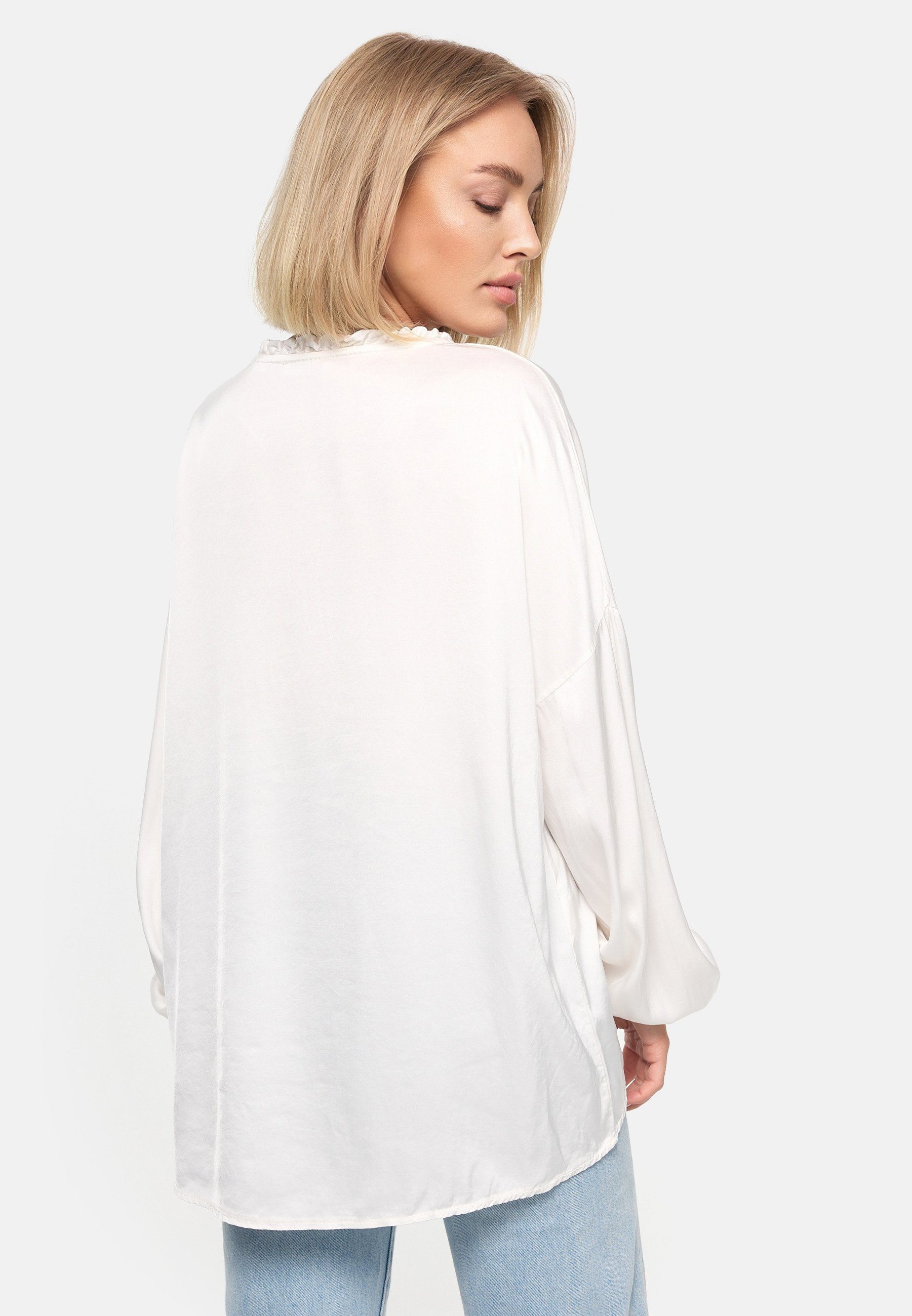 PM SELECTED Schlupfbluse PM-06 (Romantische Business Satin Bluse mit Rüschenkragen Einheitsgröße)