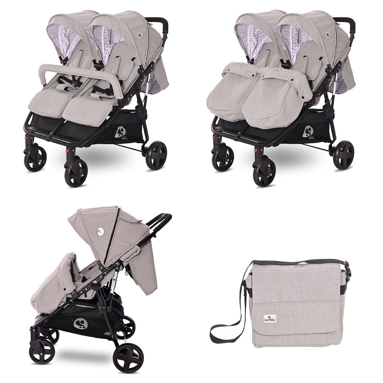Lorelli Zwillings-Kombikinderwagen Geschwisterkinderwagen Duo, klappbar verstellbar Fußabdeckung Wickeltasche