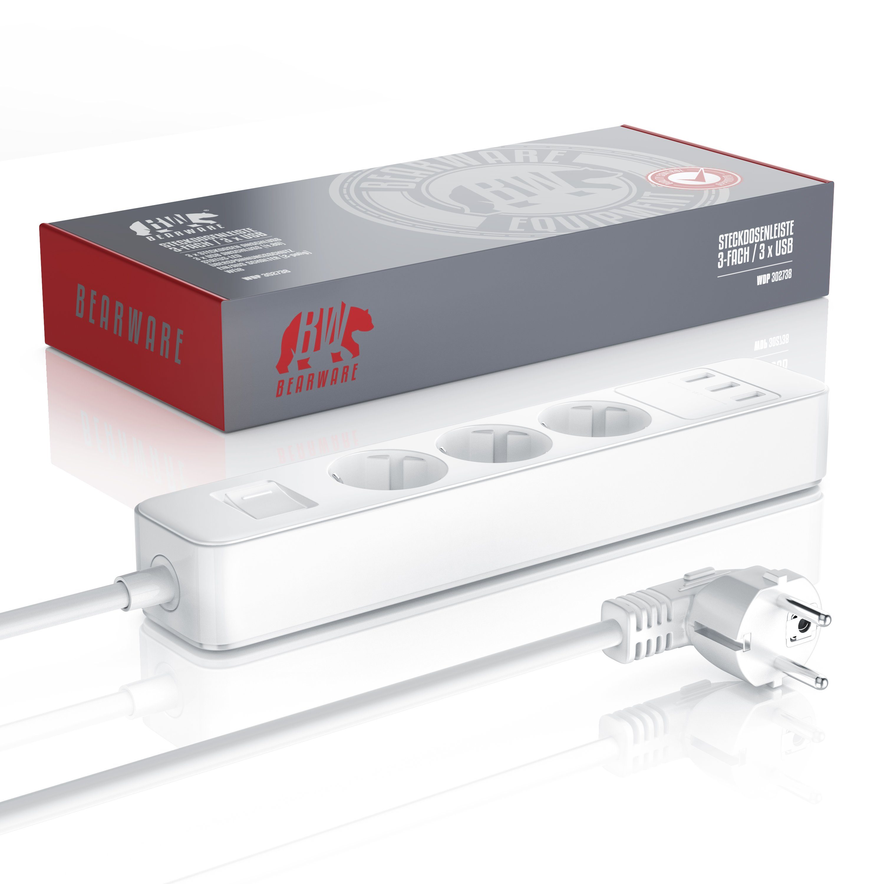 BEARWARE Steckdosenleiste 3-fach (Ein- / Ausschalter, USB-Anschlüsse, Kindersicherung, Schutzkontaktstecker, Überspannungsschutz, Kabellänge 1,50 m), Steckdosenleiste