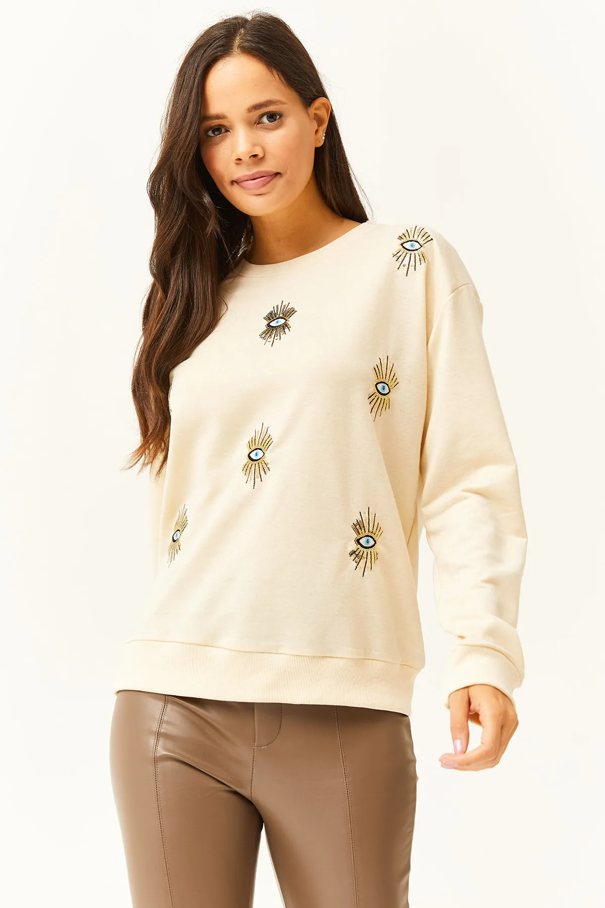 Olalook  Saisonales Damen-Sweatshirt mit aufgesticktem Auge in Beige SWT-19000598