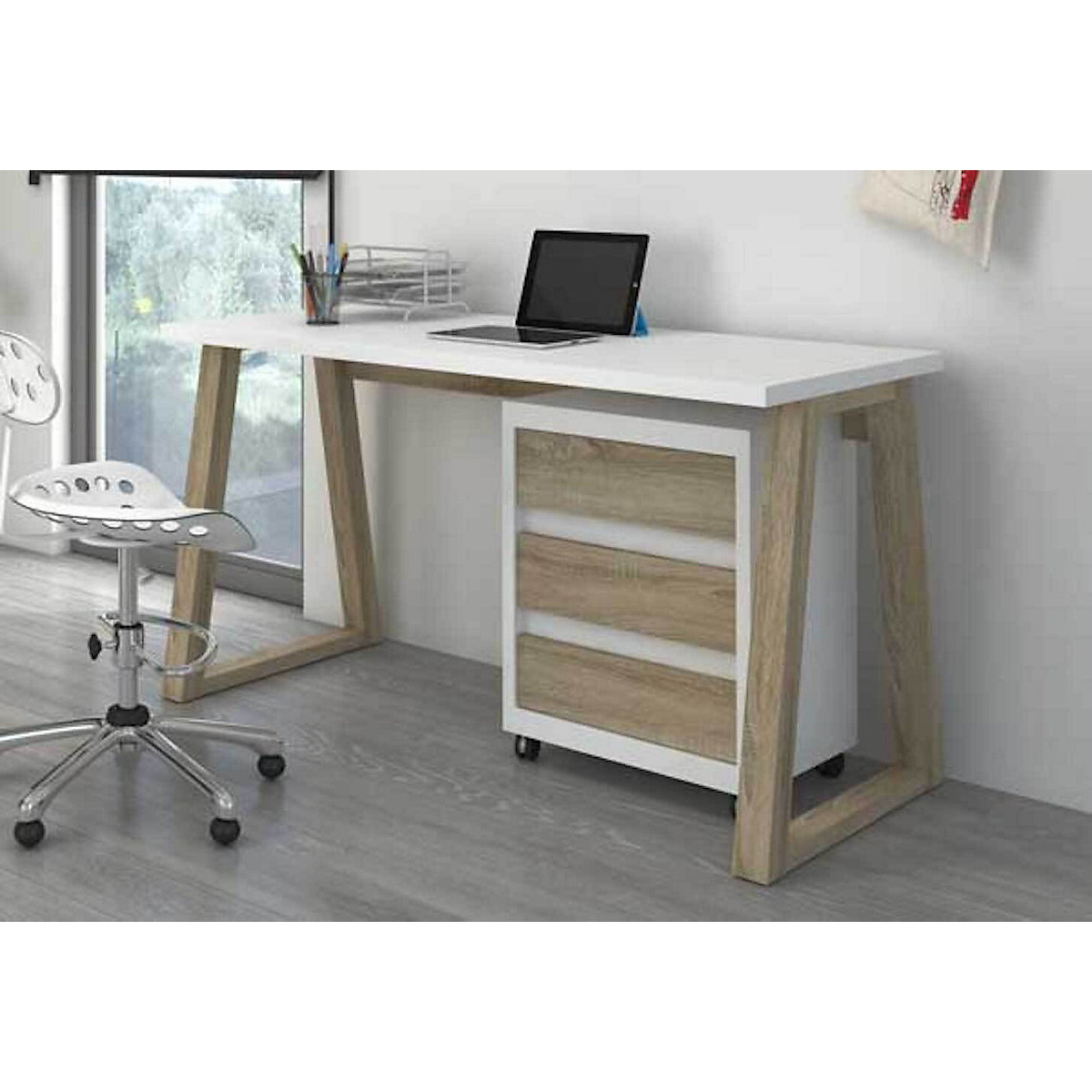 Schreibtisch Set mit Rollcontainer Iwo 135x65x75cm