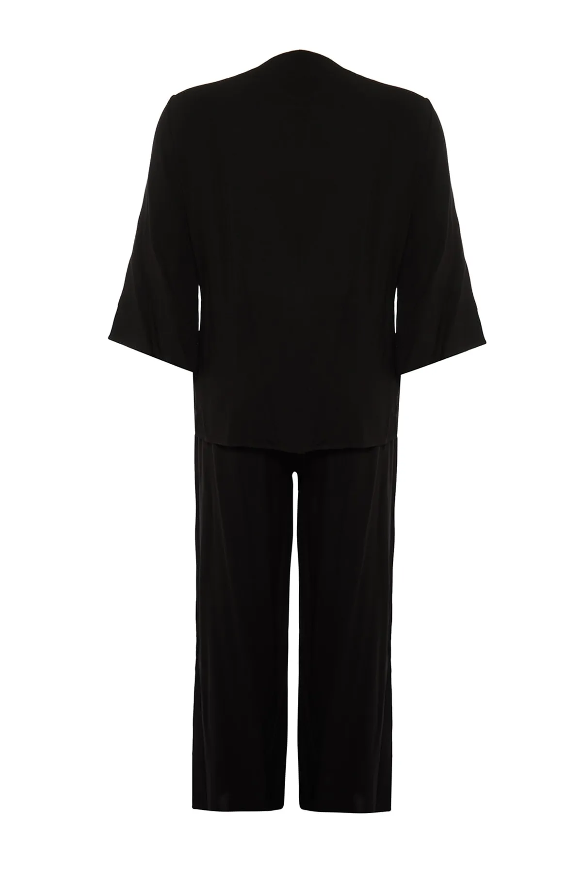 Trendyol Curve  Schwarzes, zweireihiges, gewebtes Pyjama-Set zum Binden mit Kragen TBBAW23AI00032