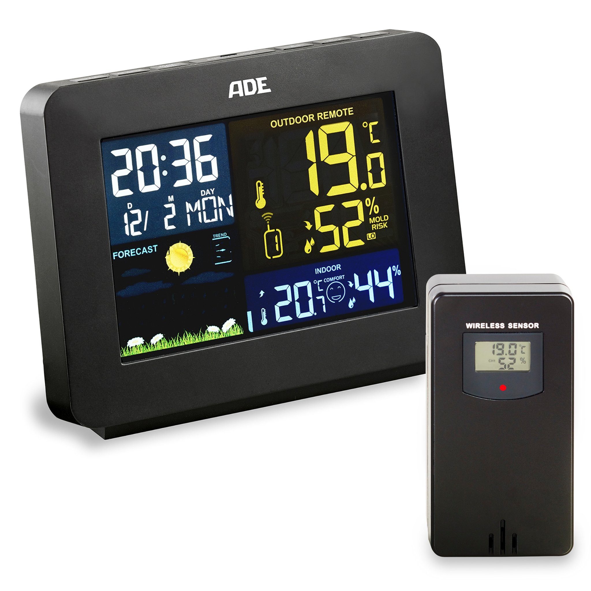 ADE Wetterstation Funk mit Außensensor, mit Vorhersage Funkwetterstation (mit Außensensor, mit animierter Wettervorhersage, Innen- und Außenhygrometer)