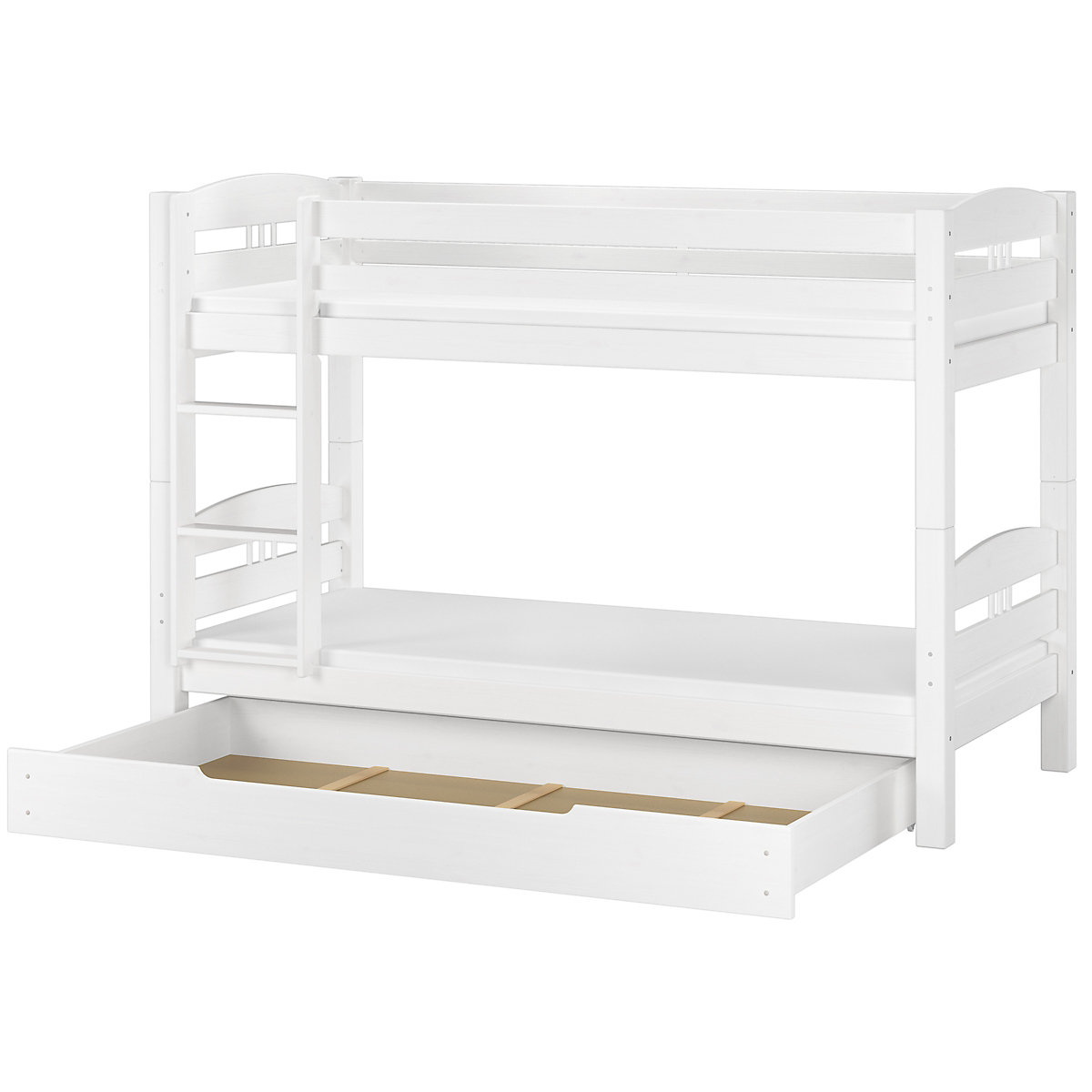 Stockbett 90x200 Kiefer weiß + Rollrost + Matratze + Bettkasten