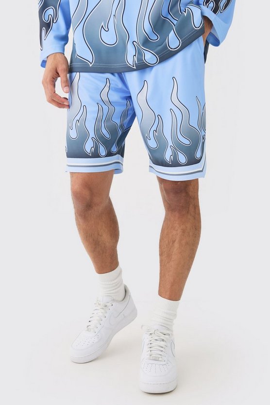 Mesh Basketball-Shorts mit Flammen-Print