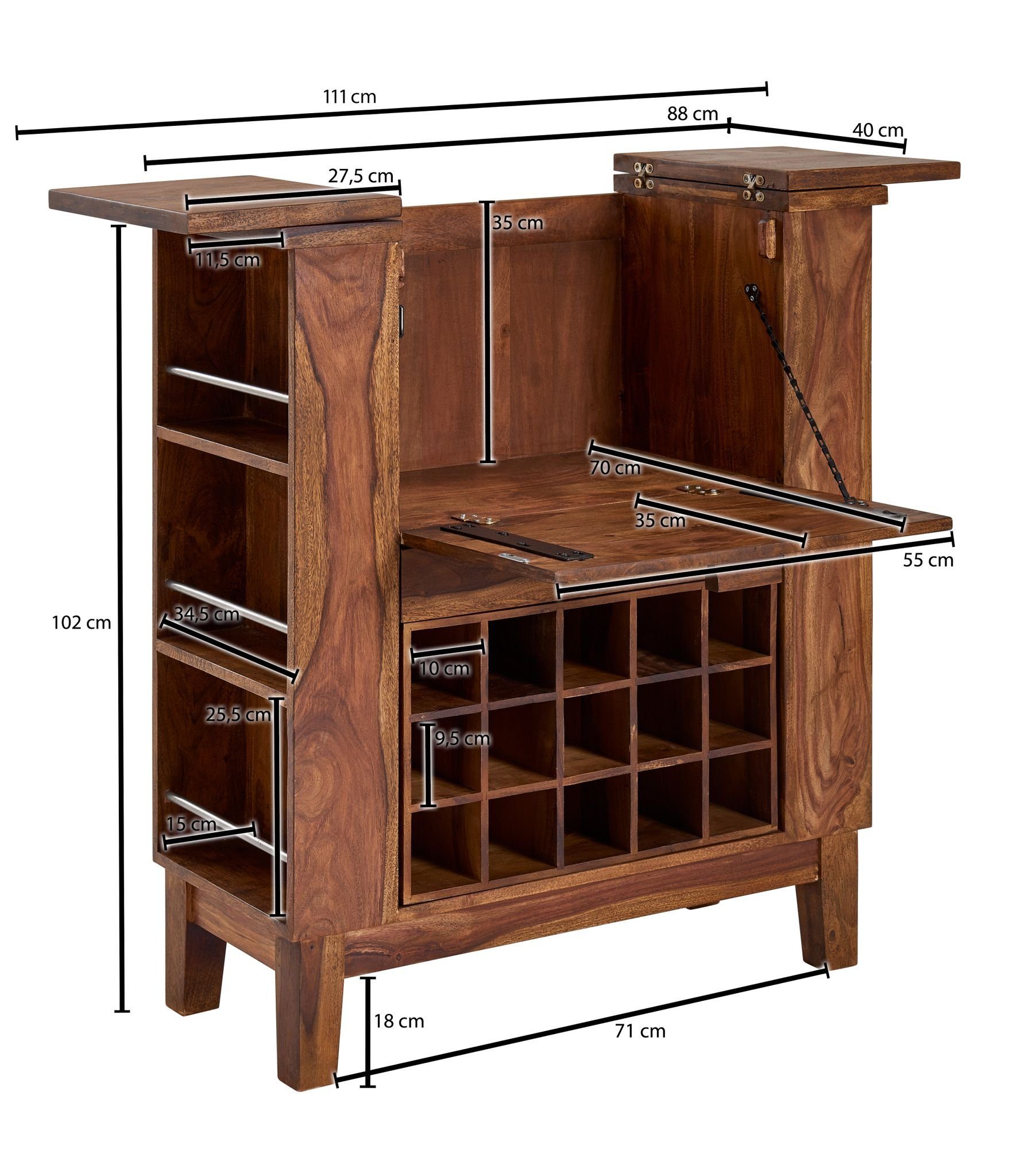 Wohnling Barschrank WL6.541 (Sheesham Massivholz 88x102x40 cm, Hausbar mit Tür) Weinbar Ausklappbar, Barschrank, Kleine Bar Buffet